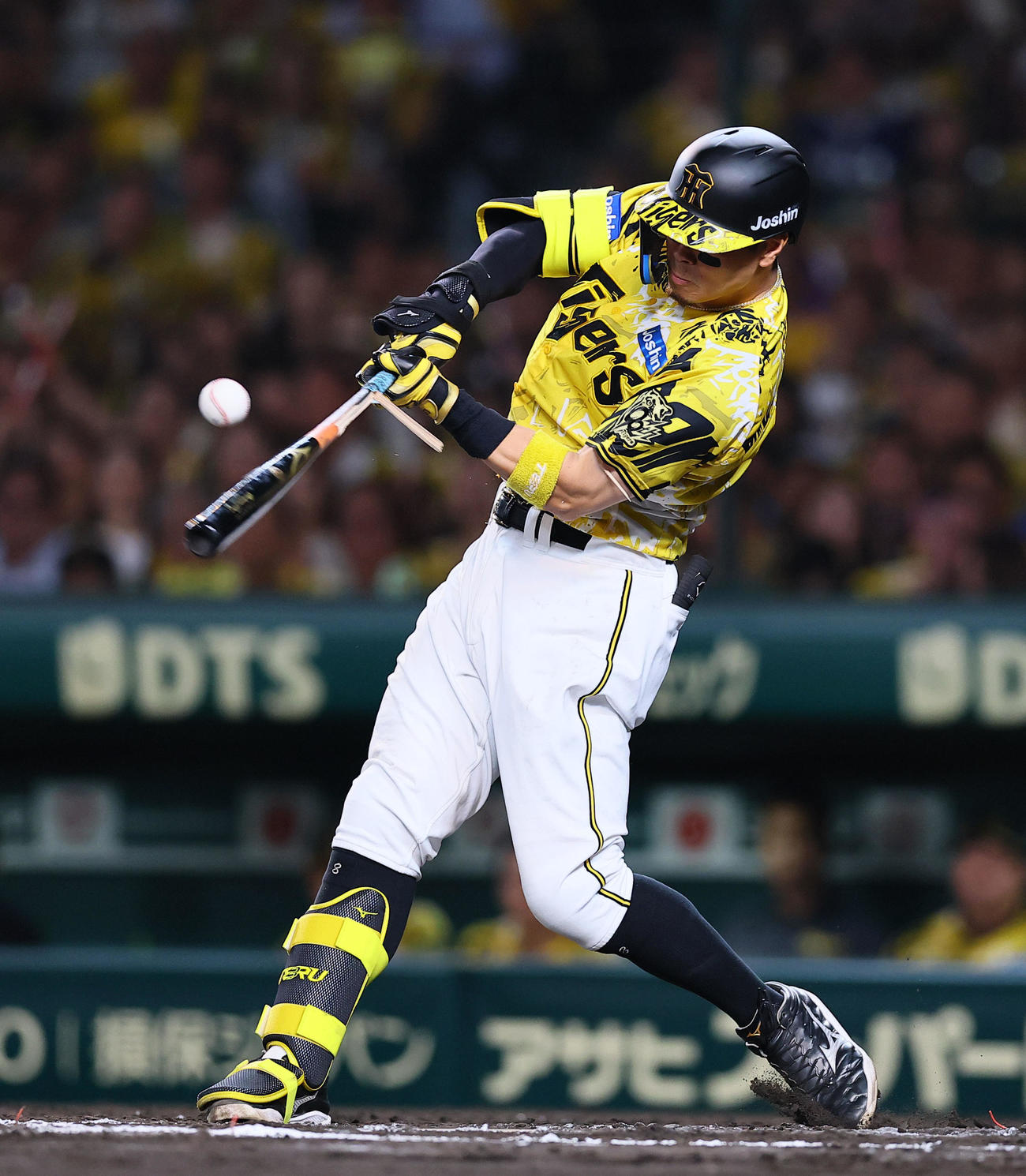 阪神対中日　7回裏阪神2死、バットをへし折られ遊飛に倒れる佐藤輝（撮影・藤尾明華）