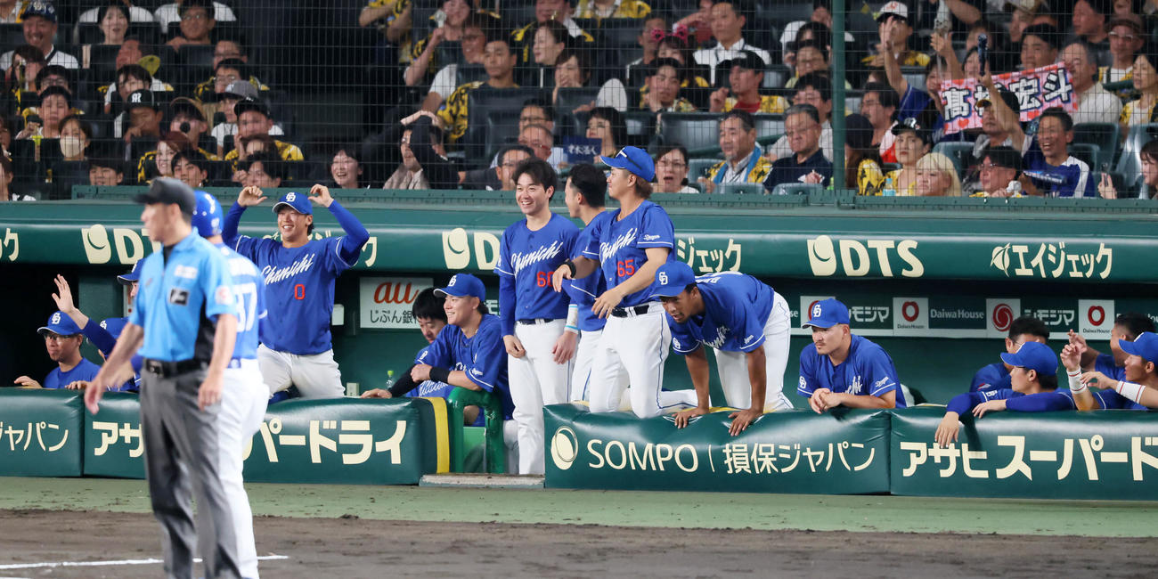 阪神対中日　6回表中日2死一、二塁、上林の中越え2点適時二塁打に喜ぶベンチのナイン（撮影・加藤哉）