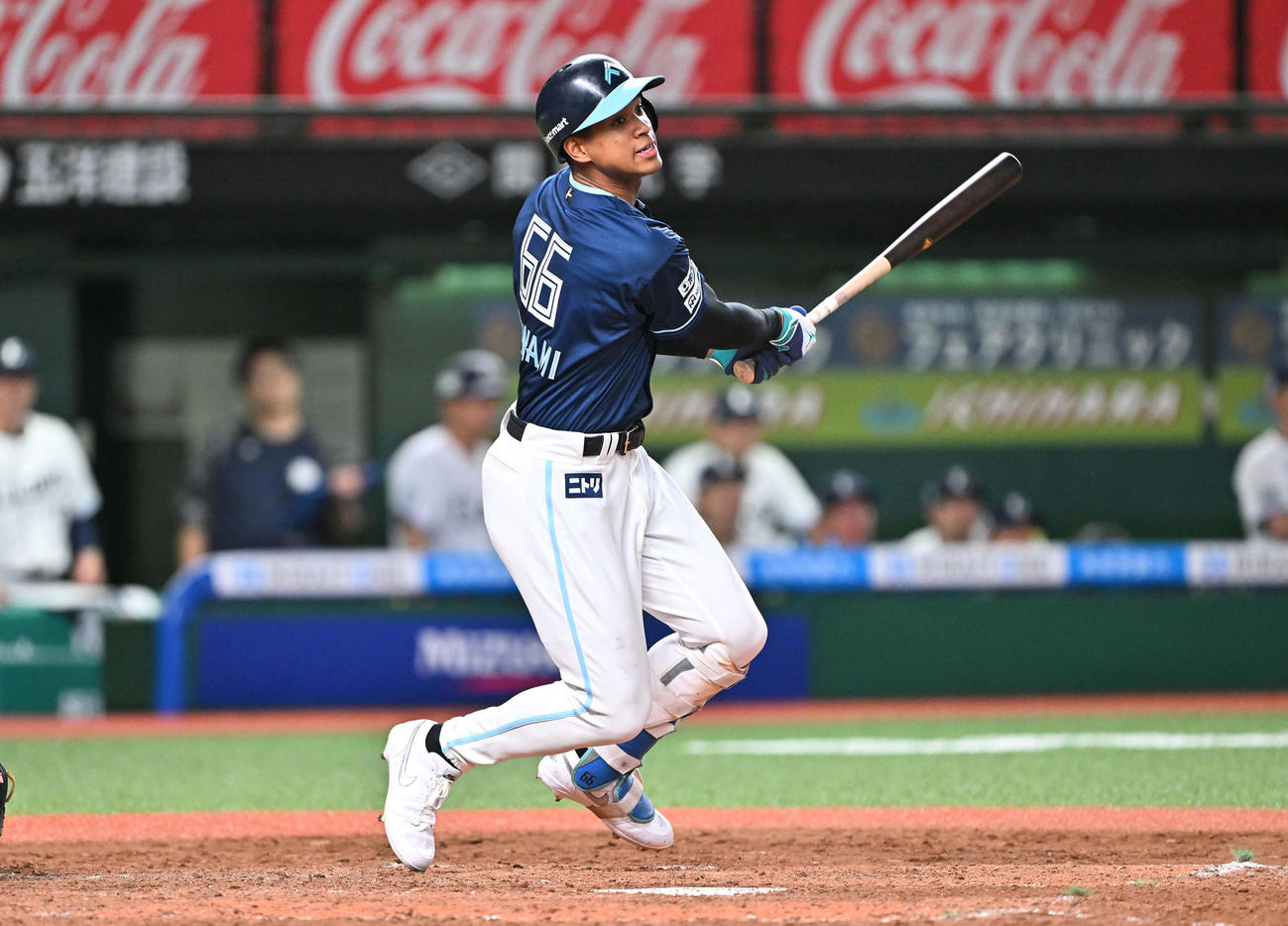 西武対日本ハム　5回表日本ハム1死三塁、万波は右翼に適時打を放つ（撮影・滝沢徹郎）