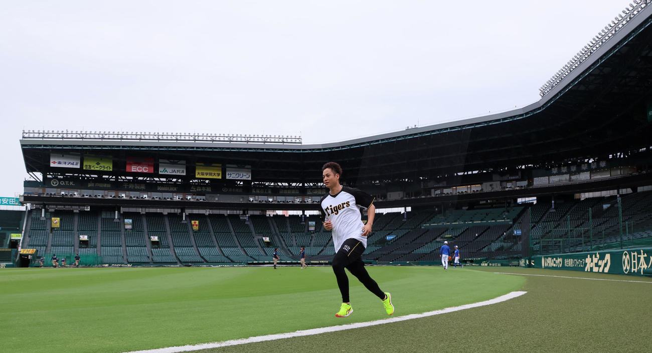 阪神対中日　雨天中止となり外野をランニングする大竹（撮影・加藤哉）