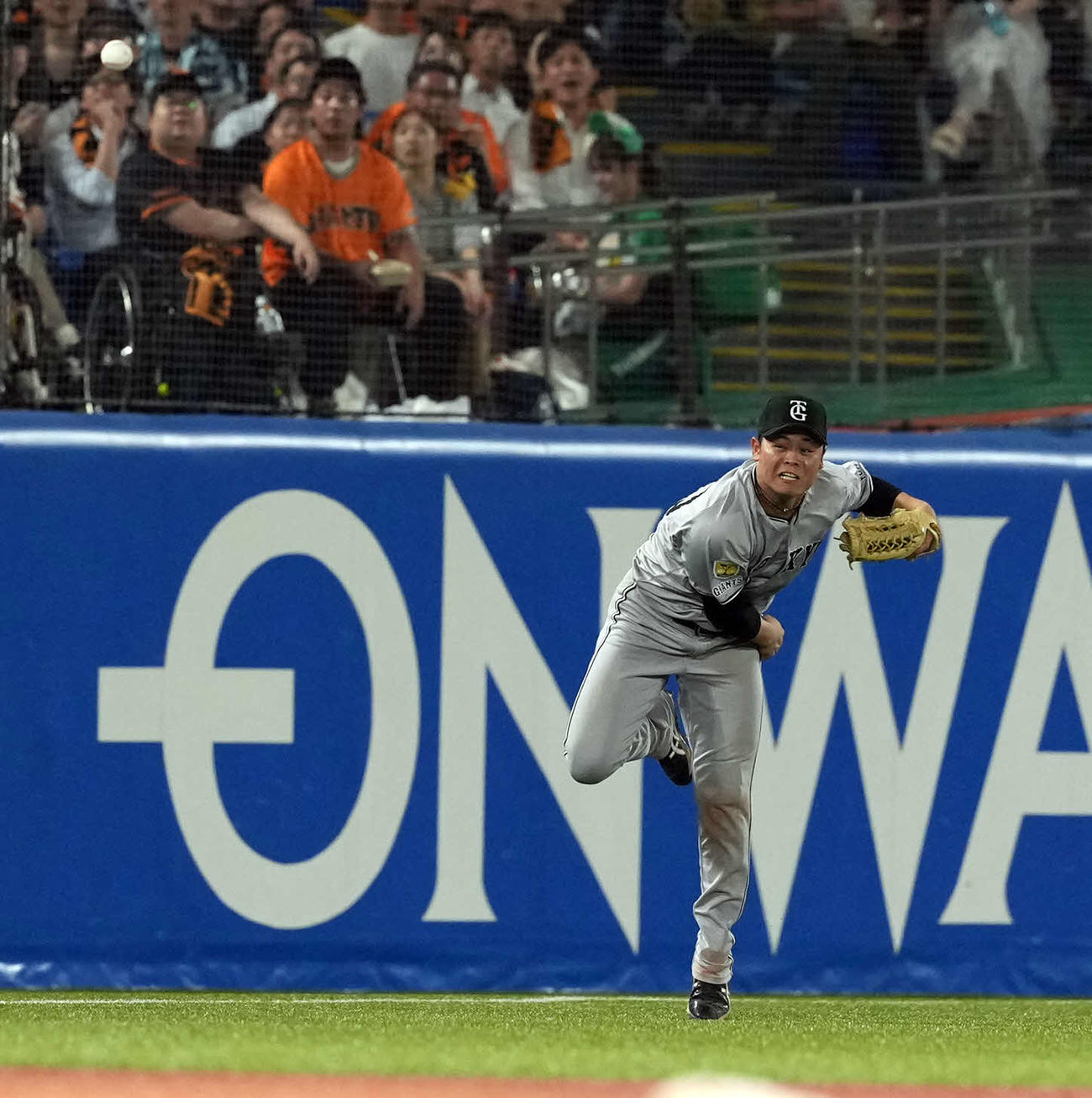 ヤクルト対巨人　6回裏ヤクルト無死二塁、オスナの打球を捕球し本塁へ送球する左翼手中山（撮影・たえ見朱実）