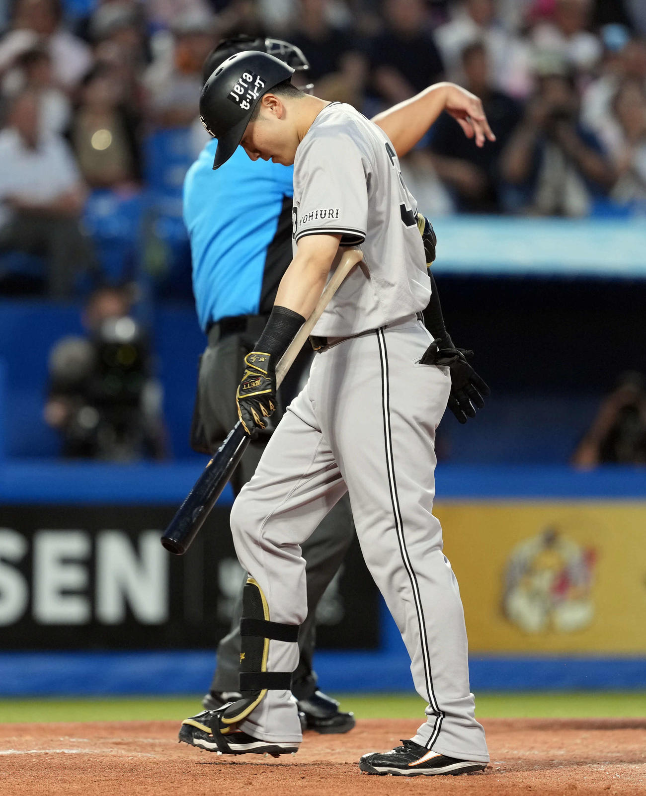 ヤクルト対巨人　3回表巨人無死一、二塁、バントを失敗しがっくりとベンチに戻る泉口（撮影・たえ見朱実）