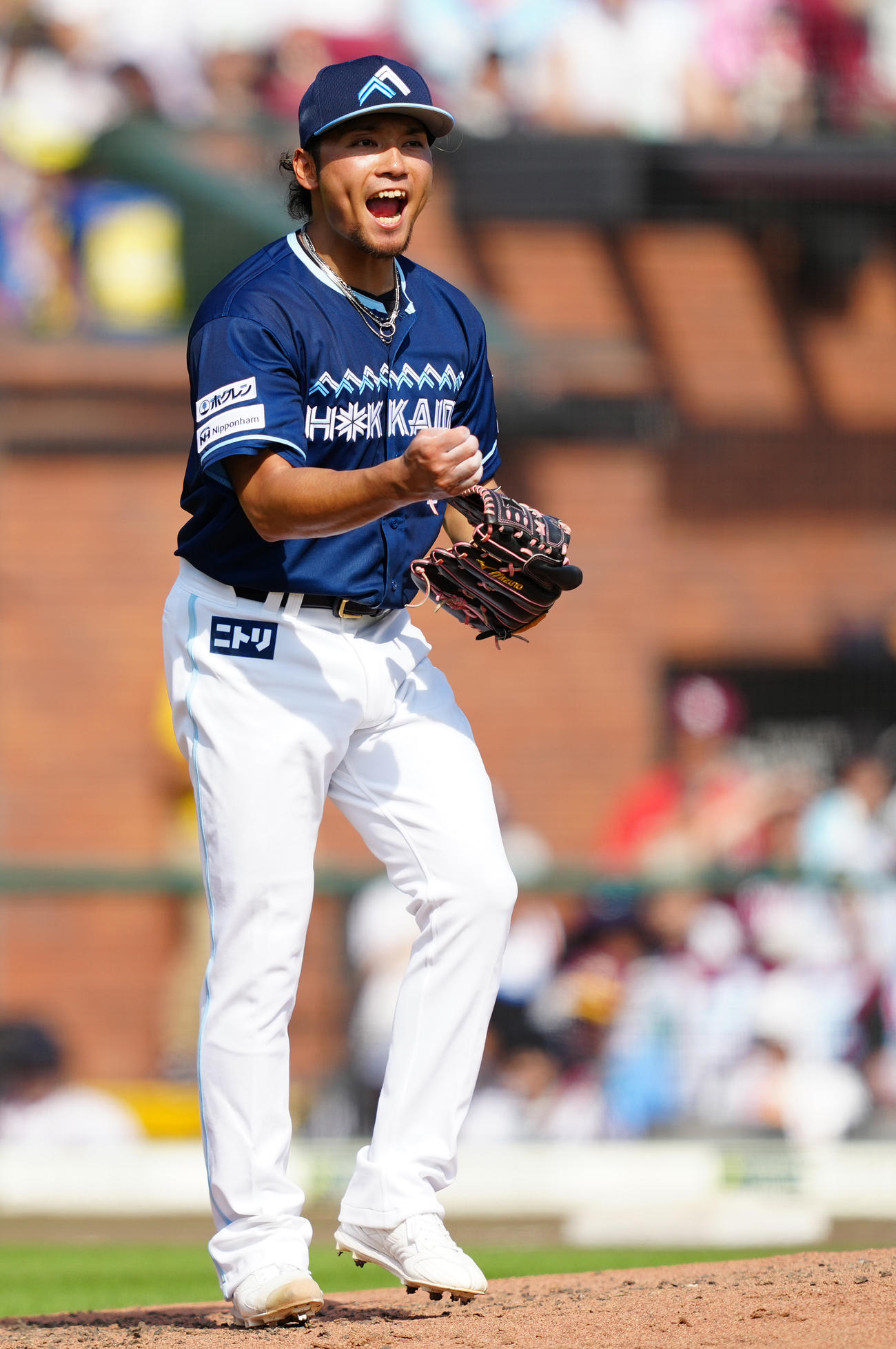 楽天対日本ハム　3回裏楽天2死一、二塁、小郷を空振り三振に仕留め、ガッツポーズする伊藤大（撮影・鈴木みどり）