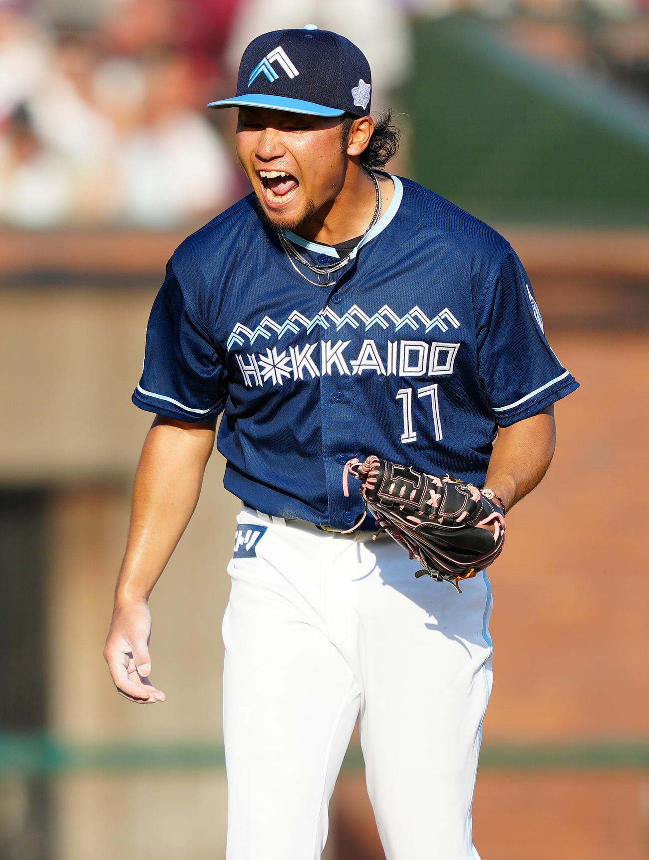 楽天対日本ハム　7回裏楽天2死一、二塁、雄たけびを上げながら小郷を見逃し三振に仕留める伊藤大（撮影・鈴木みどり）
