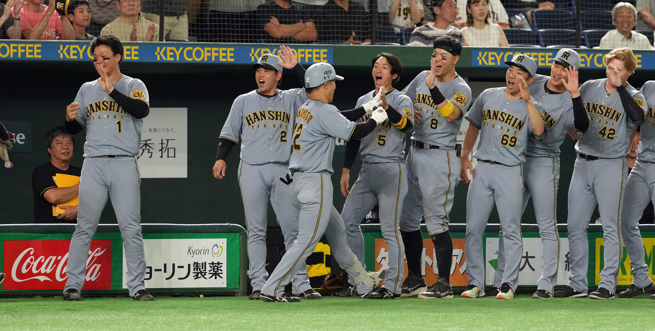 巨人対阪神　11回表阪神2死一塁、2点本塁打を放った坂本誠志郎を迎える佐藤輝（右から2人目）らナイン（撮影・たえ見朱実）