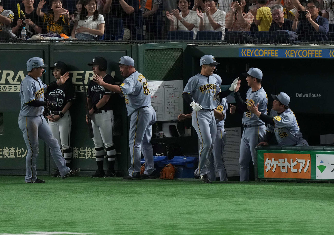 巨人対阪神　11回表阪神1死一塁、2ラン本塁打を放った坂本を出迎える藤川監督ら（撮影・井上学）
