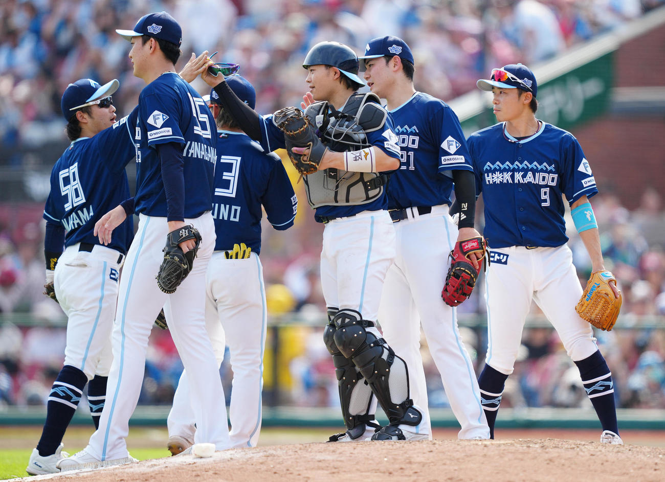 楽天対日本ハム　楽天に勝利し、タッチを交わす清宮幸（右から2人目）ら日本ハムナイン（撮影・鈴木みどり）