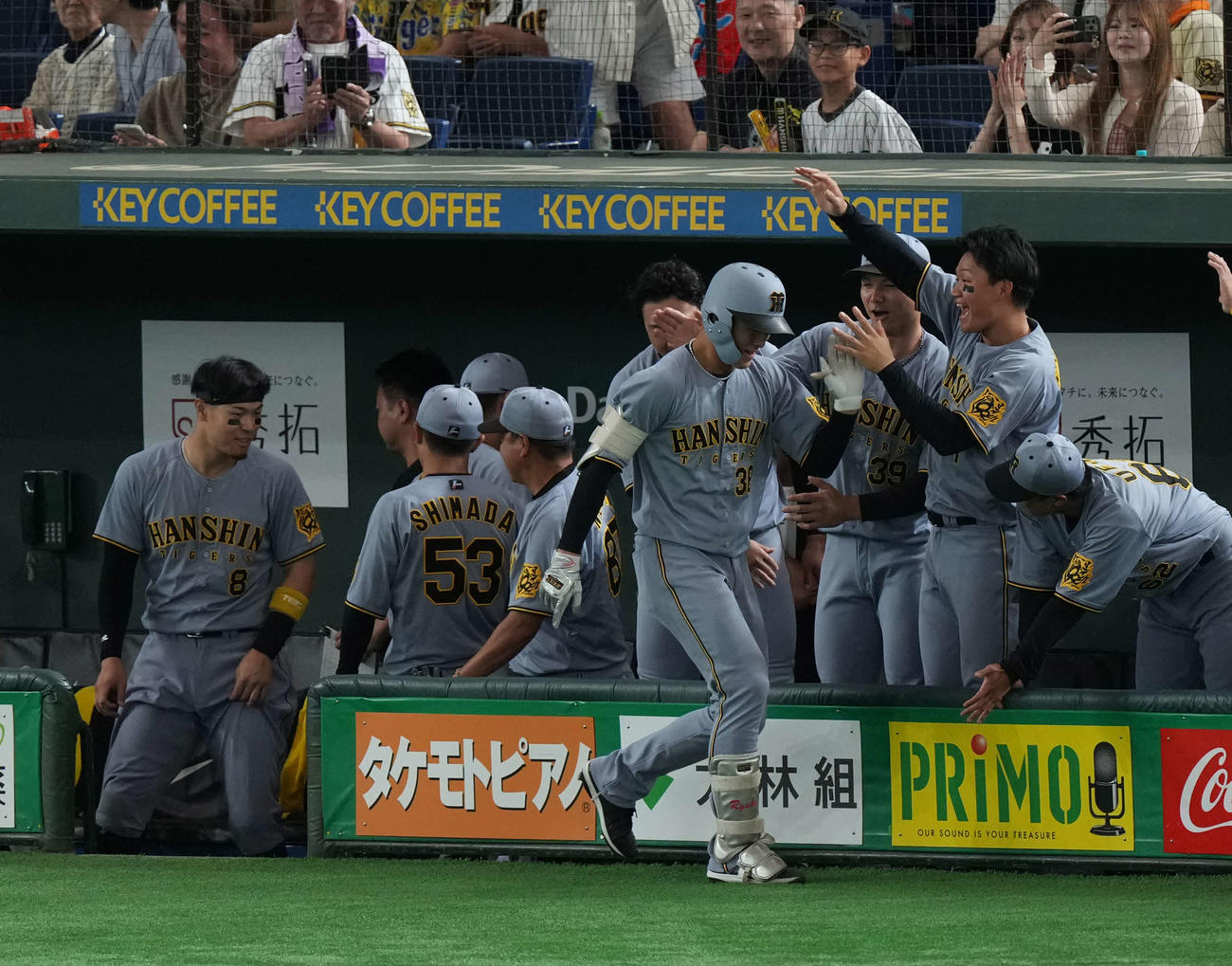 巨人対阪神　2回表阪神2死、右越え本塁打を放ち森下らベンチの出迎えを受ける小幡（撮影・井上学）