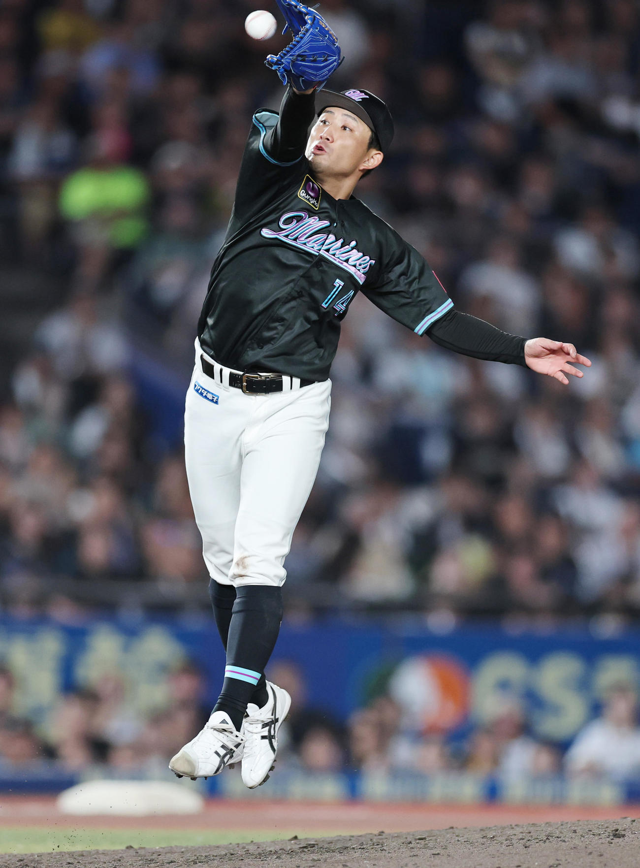 ロッテ対オリックス　6回表オリックス1死、西野の投ゴロを好捕する小島（撮影・野上伸悟）