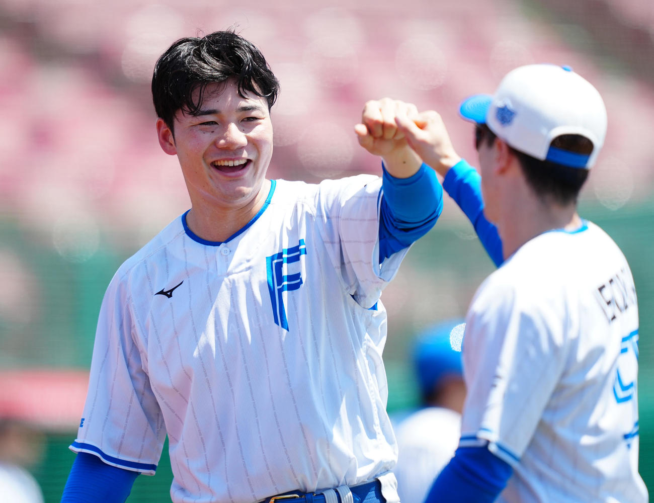 楽天対日本ハム　練習で五十幡（右）とタッチを交わす日本ハム清宮幸（撮影・鈴木みどり）
