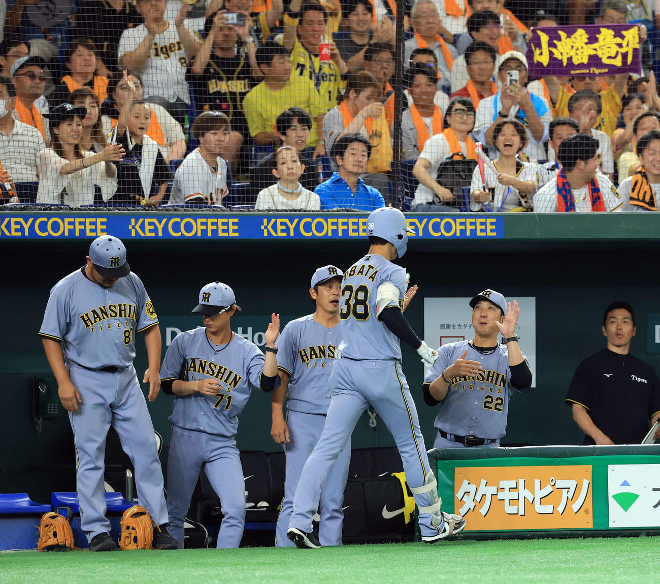 巨人対阪神　2回表阪神無死、小幡（手前）が右越えソロ本塁打を放ち笑顔で迎える藤川監督（右）ら（撮影・浅見桂子）
