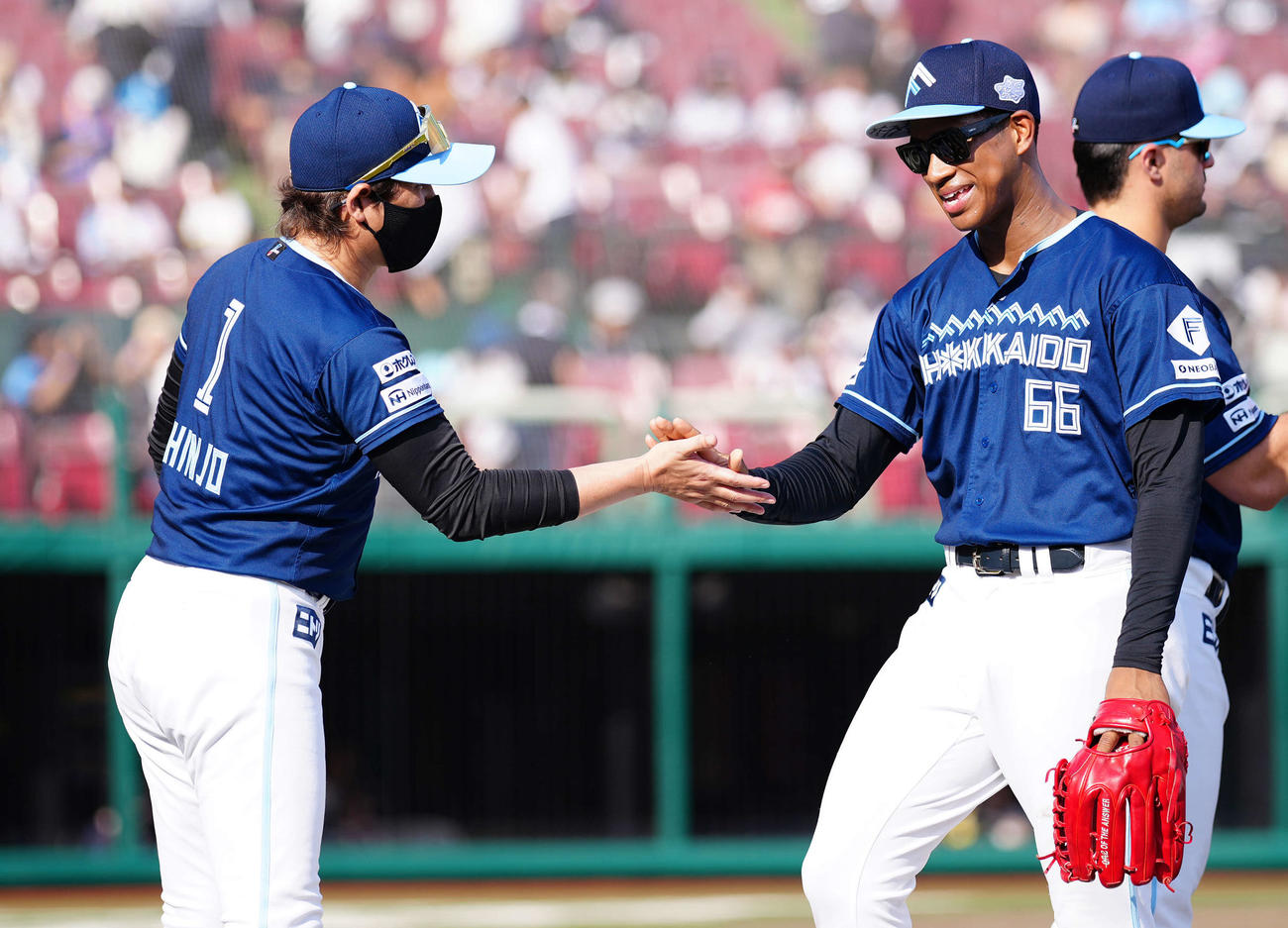 楽天対日本ハム　楽天に3連勝し、万波（右手前）らナインを迎える日本ハム新庄監督（撮影・鈴木みどり）
