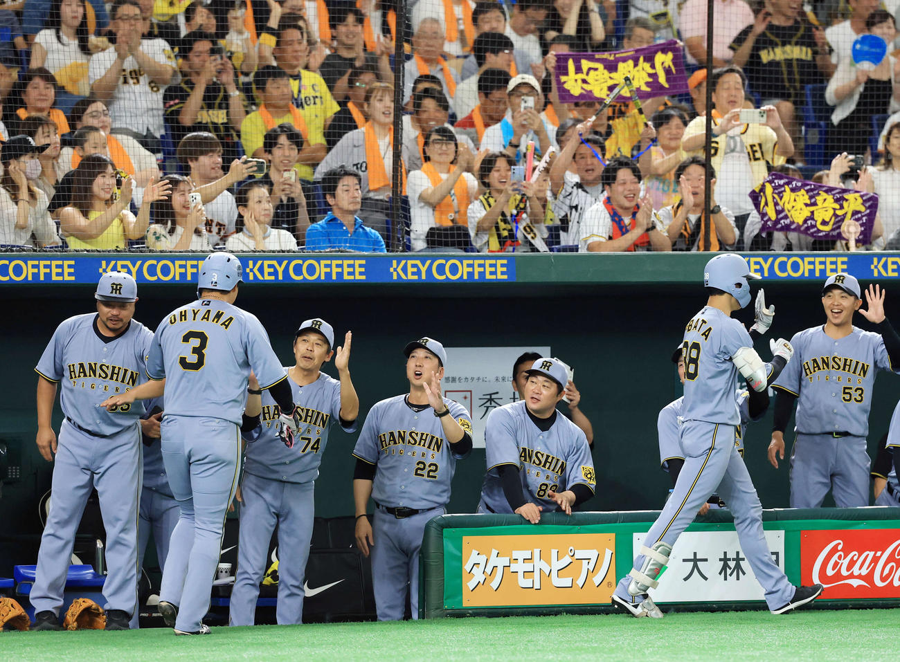 巨人対阪神　3回表阪神1死一塁、小幡（手前右）が2点本塁打を放ち笑顔で迎える藤川監督（中央）ら（撮影・浅見桂子）