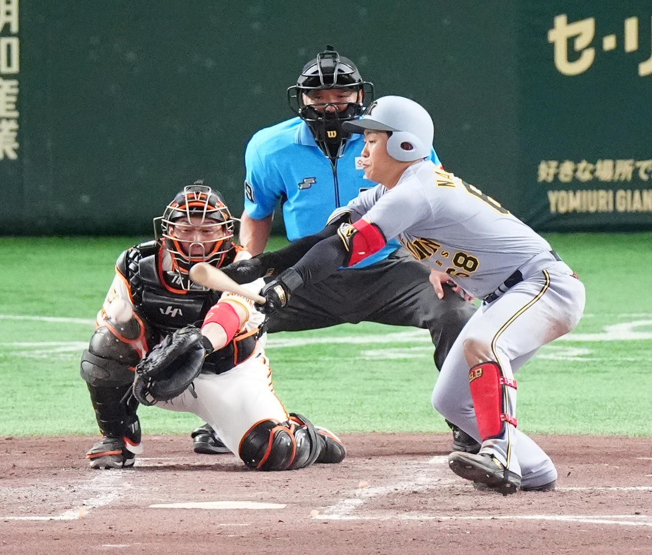巨人対阪神　3回表阪神1死、中川のファウルが捕手甲斐の右膝に直撃（撮影・清水貴仁）