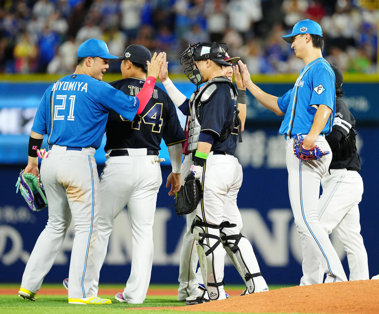 全セ対全パ　全セに勝利し、タッチを交わす全パナイン（撮影・鈴木みどり）