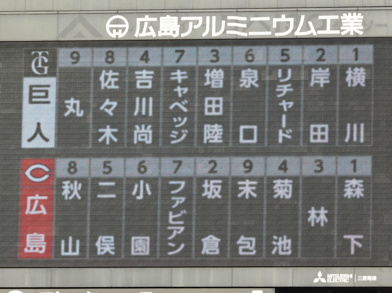広島対巨人　両軍スタメン（撮影・加藤孝規）