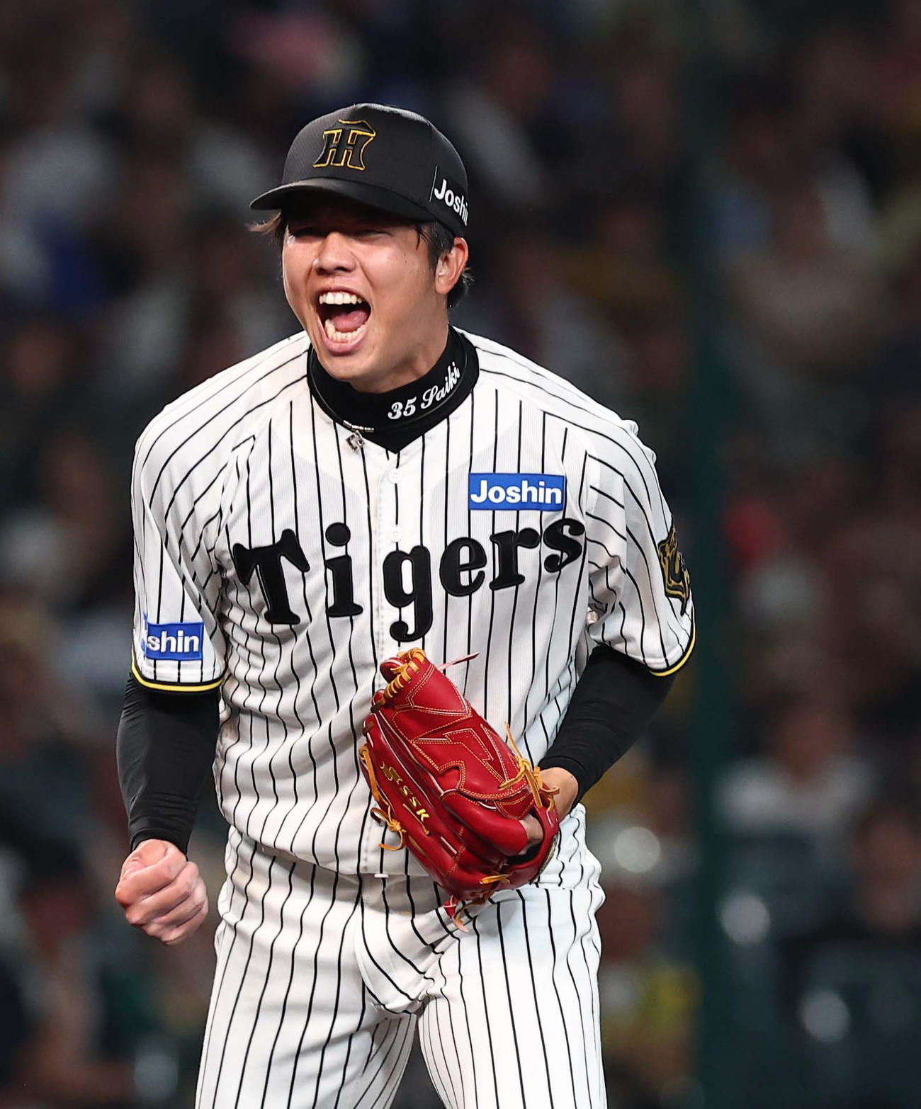 阪神対DeNA 8回表DeNA2死一塁、戸柱から三振を奪い雄たけびをあげる才木（撮影・上田博志）