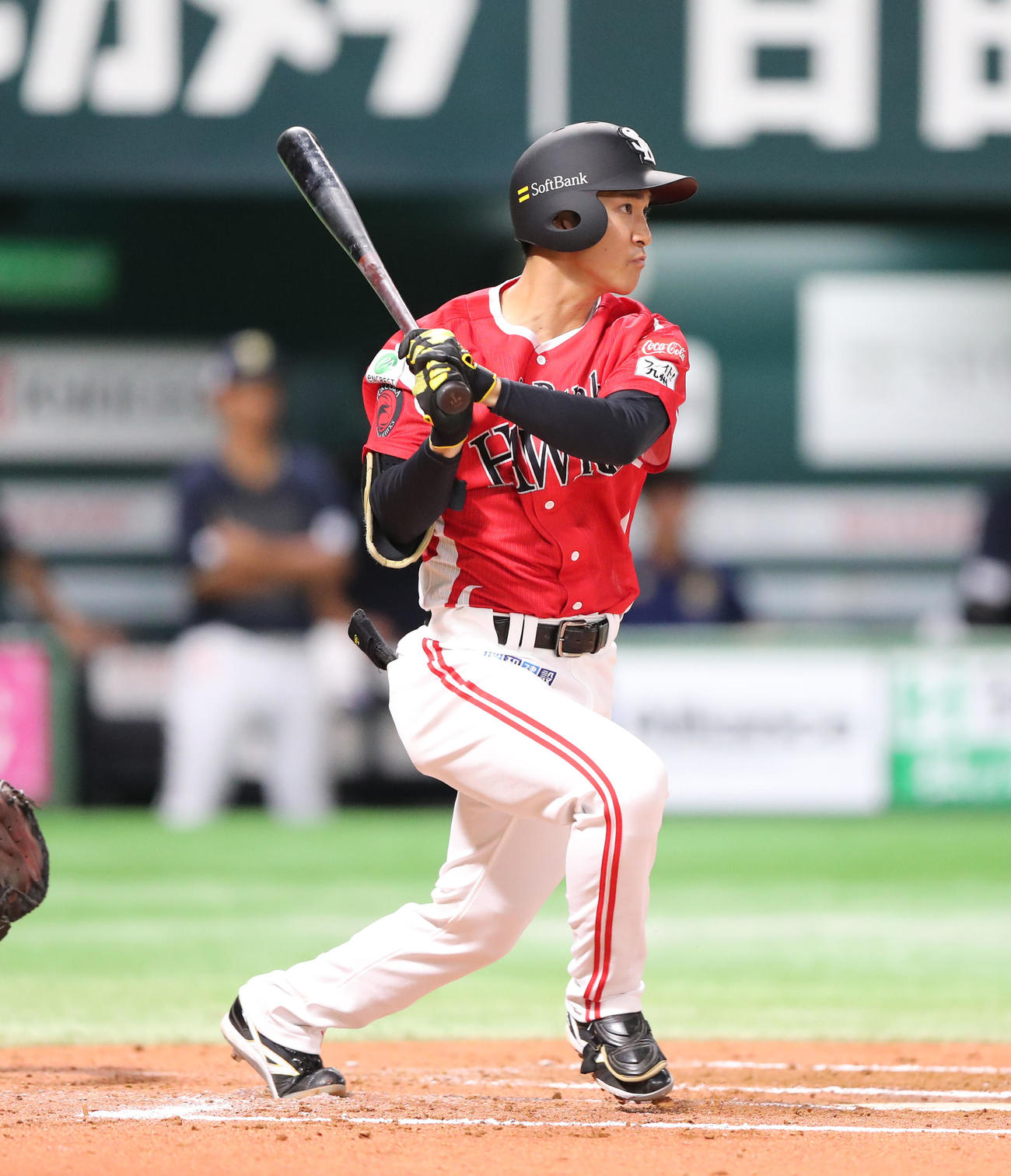 ソフトバンク対オリックス　6回裏ソフトバンク1死一、二塁、柳町は右前に同点適時打を放つ（撮影・梅根麻紀）