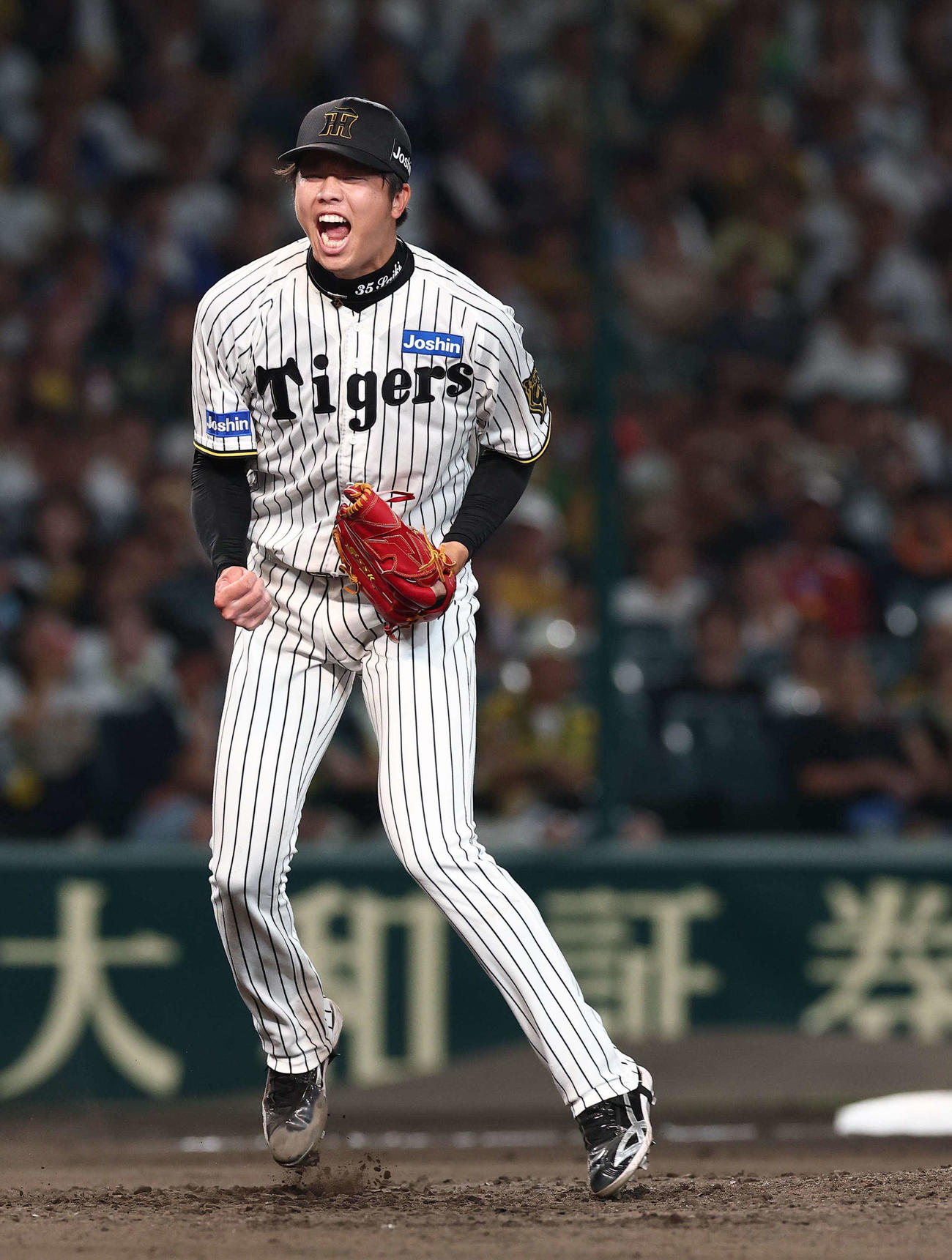 阪神対DeNA 8回表DeNA2死一塁、戸柱から三振を奪い雄たけびをあげる才木（撮影・上田博志）