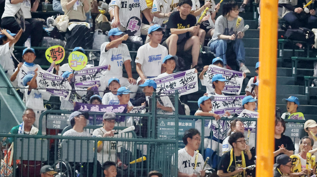 阪神対DeNA 1塁側アルプススタンドから佐藤輝明の打席で声援を送る甲東ブルーサンダースの選手関係者たち（撮影・加藤哉）