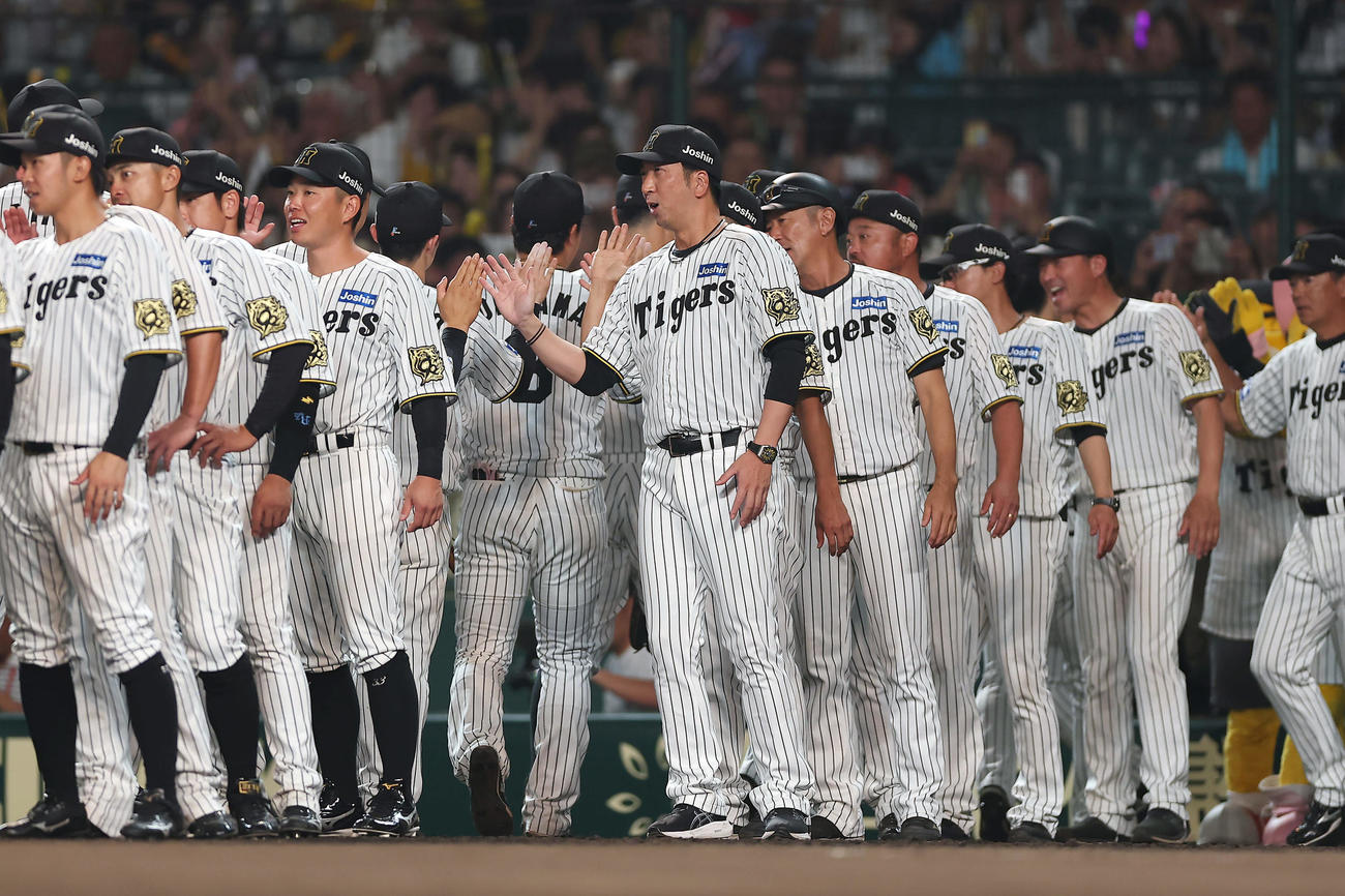 阪神対DeNA DeNAに勝利し、ナインを出迎える阪神藤川監督（中央）ら（撮影・前田充）