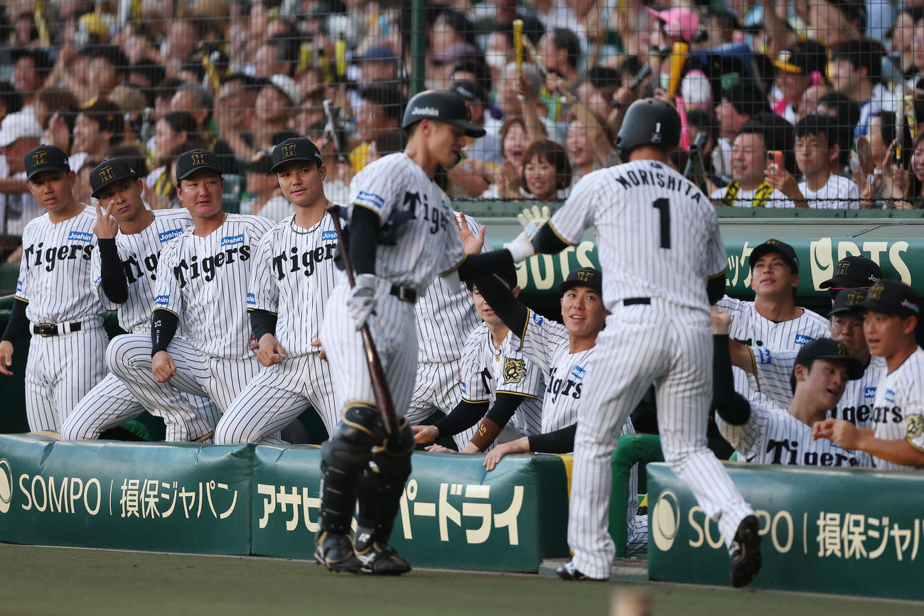阪神対DeNA 1回裏阪神2死一、三塁、大山の適時打で生還した森下（手前右）を迎える阪神の選手たち（撮影・前田充）