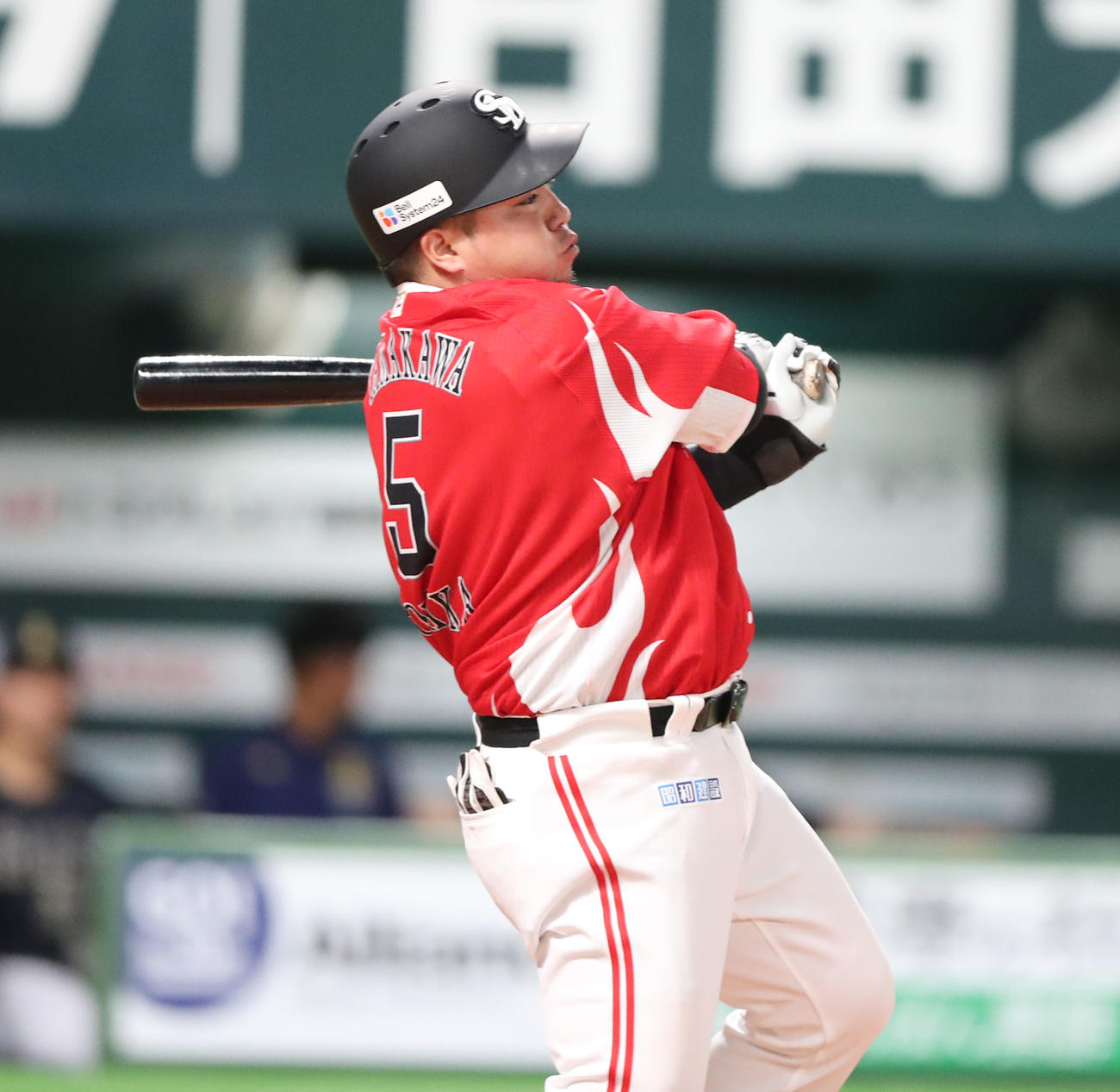 ソフトバンク対オリックス　4回裏ソフトバンク1死一塁、山川は中前安打を放つ（撮影・梅根麻紀）