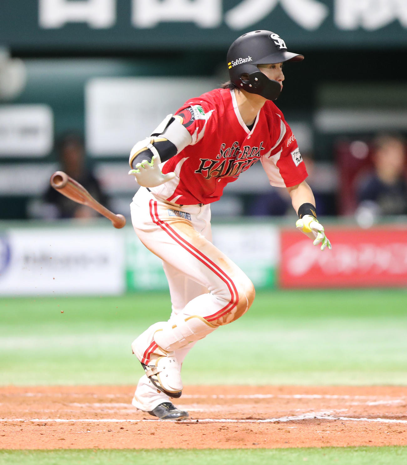 ソフトバンク対オリックス　8回裏ソフトバンク1死一、三塁、周東は右前適時打を放つ（撮影・梅根麻紀）