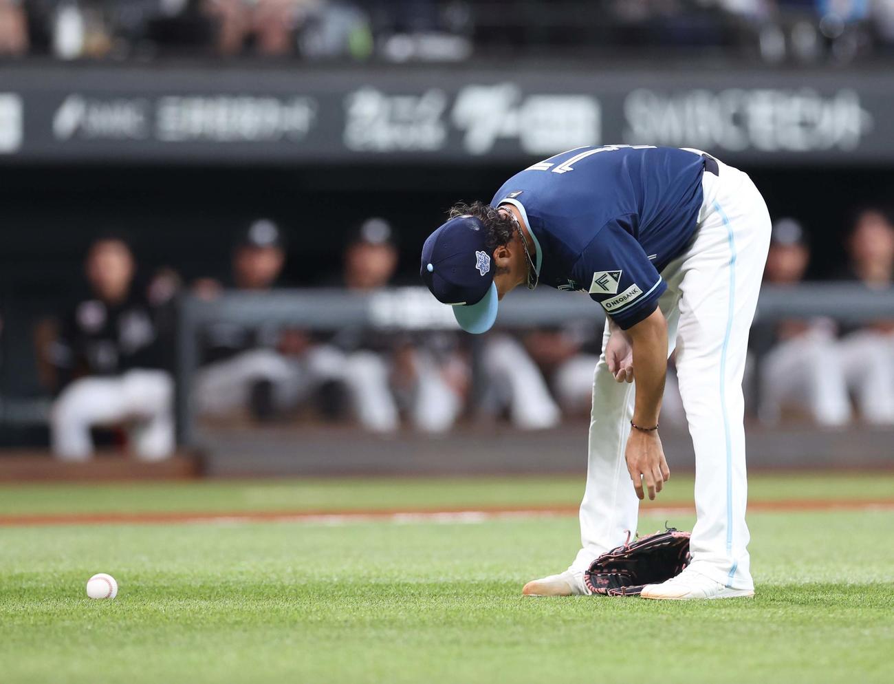 日本ハム対ロッテ　2回表、球審からの返球が体に当たる伊藤（撮影・黒川智章）