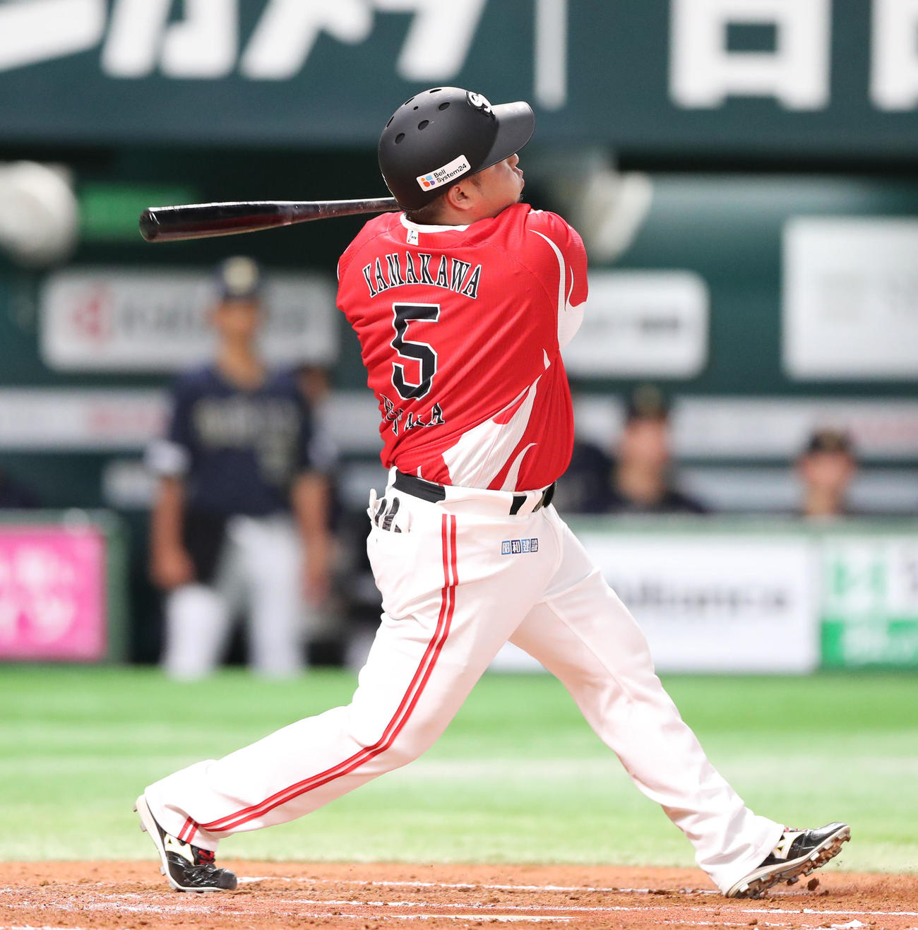 ソフトバンク対オリックス　2回裏ソフトバンク無死二塁、山川は左前安打を放つ（撮影・梅根麻紀）