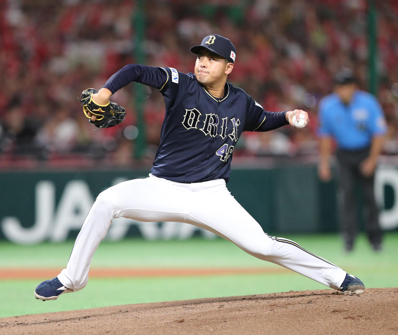ソフトバンク対オリックス　先発の東松（撮影・梅根麻紀）