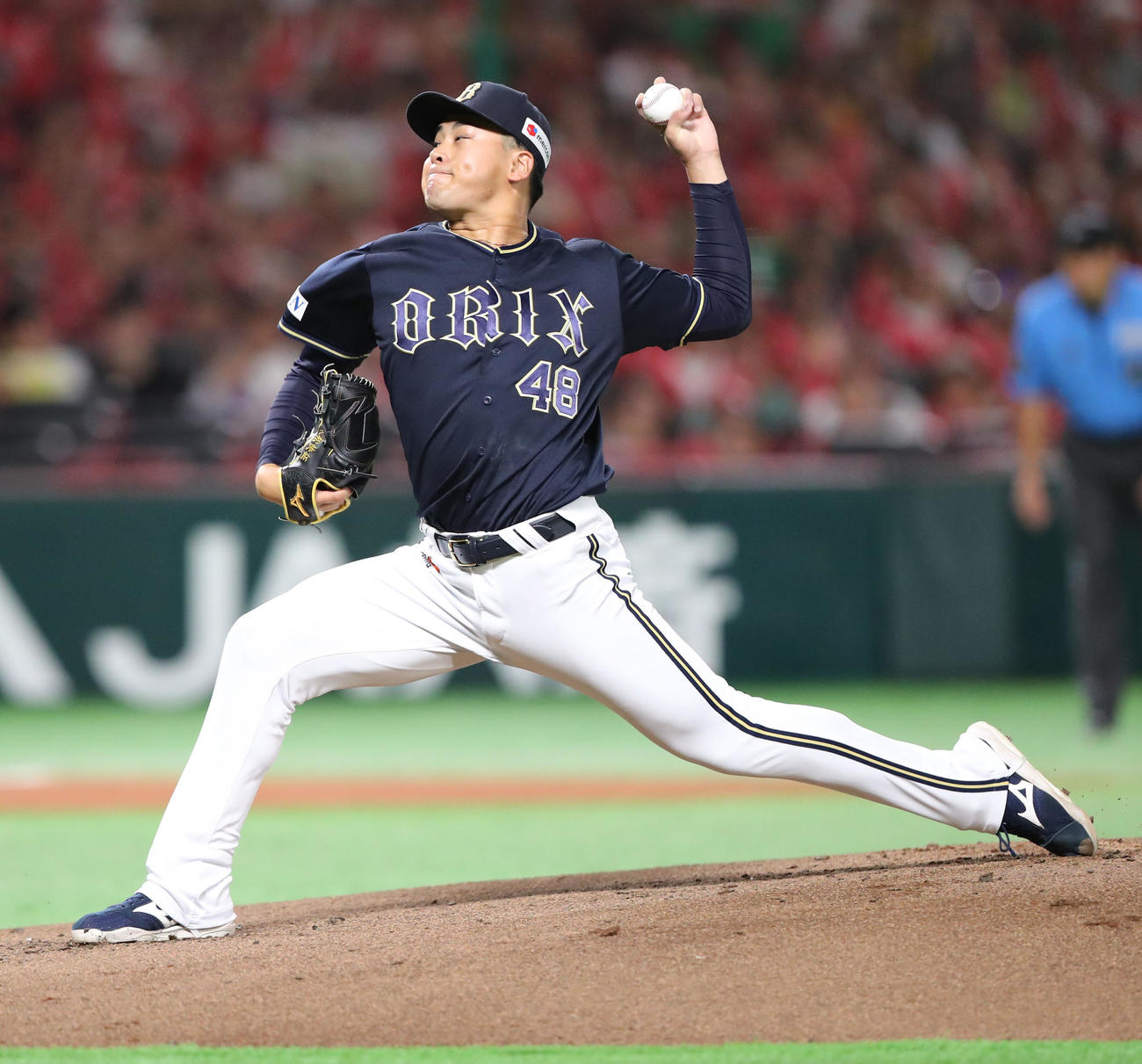 ソフトバンク対オリックス　先発の東松（撮影・梅根麻紀）