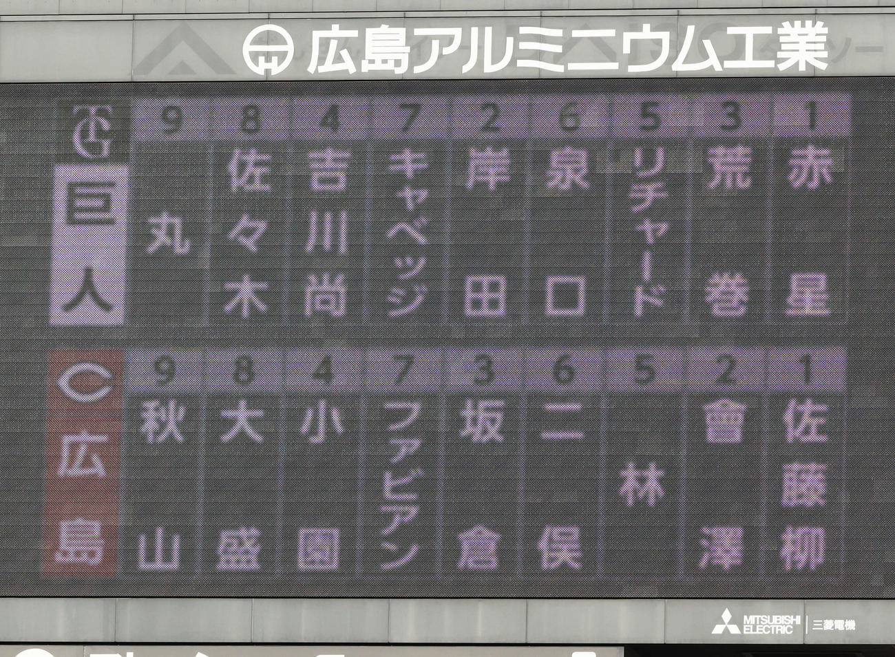 広島対巨人　両軍スタメン（撮影・加藤孝規）
