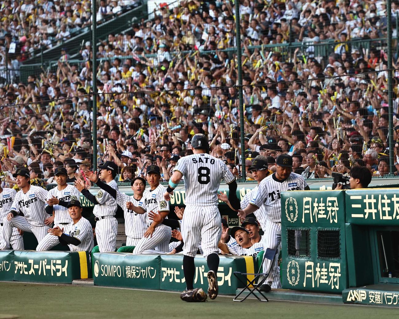 阪神対DeNA 2回裏阪神2死二塁、坂本の先制適時打で生還する佐藤輝（撮影・上田博志）