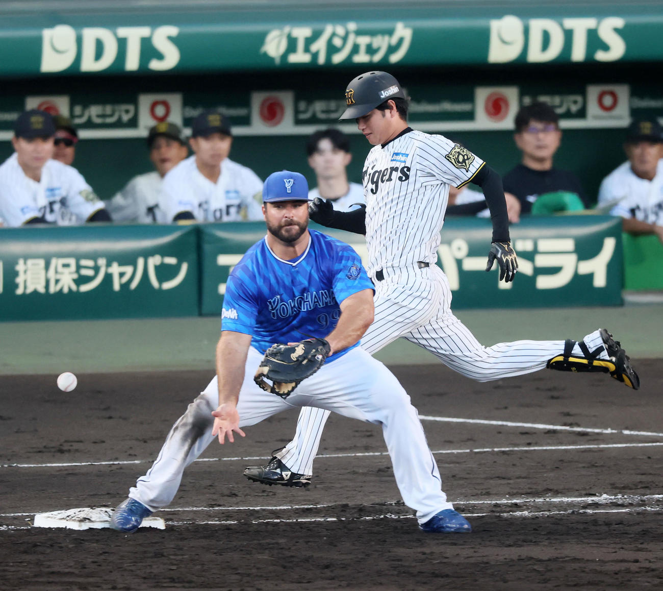 阪神対DeNA 2回裏阪神2死一、二塁、一塁手フォードは牧からの送球を捕球出来ず失点、打者高橋（撮影・加藤哉）