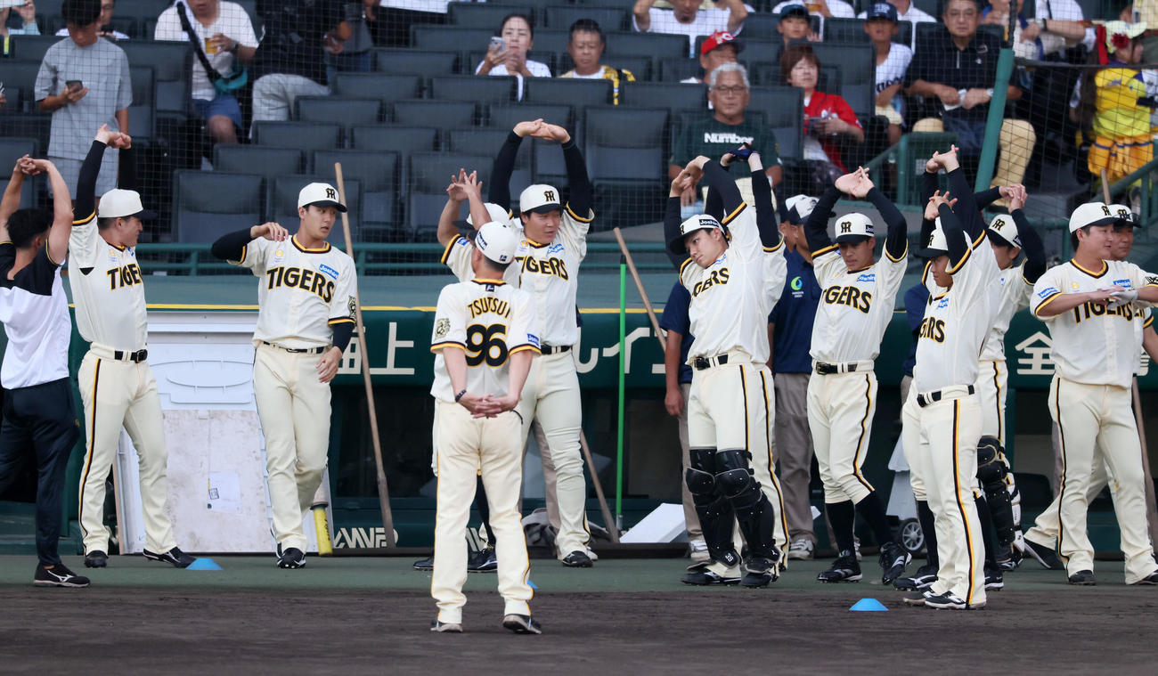 阪神対広島　Family with Tigers Supported by Joshin　のイベント開催にあわせ企画ユニホームを着用する阪神ナイン（撮影・加藤哉）