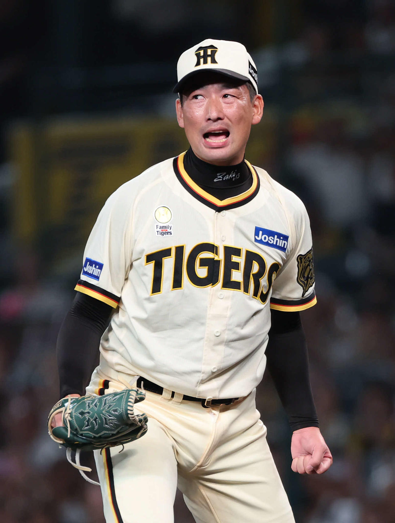 阪神対広島　阪神3番手の岩崎は最後の打者を三振に打ち取りガッツポーズ（撮影・西尾就之）