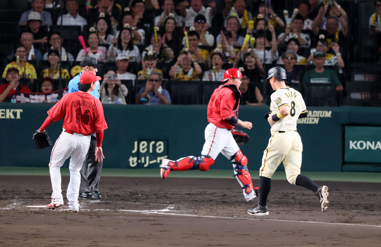 阪神対広島　4回裏阪神2死三塁、打者坂本のとき大瀬良のワイルドピッチで三塁走者佐藤輝（右）が生還（撮影・加藤哉）