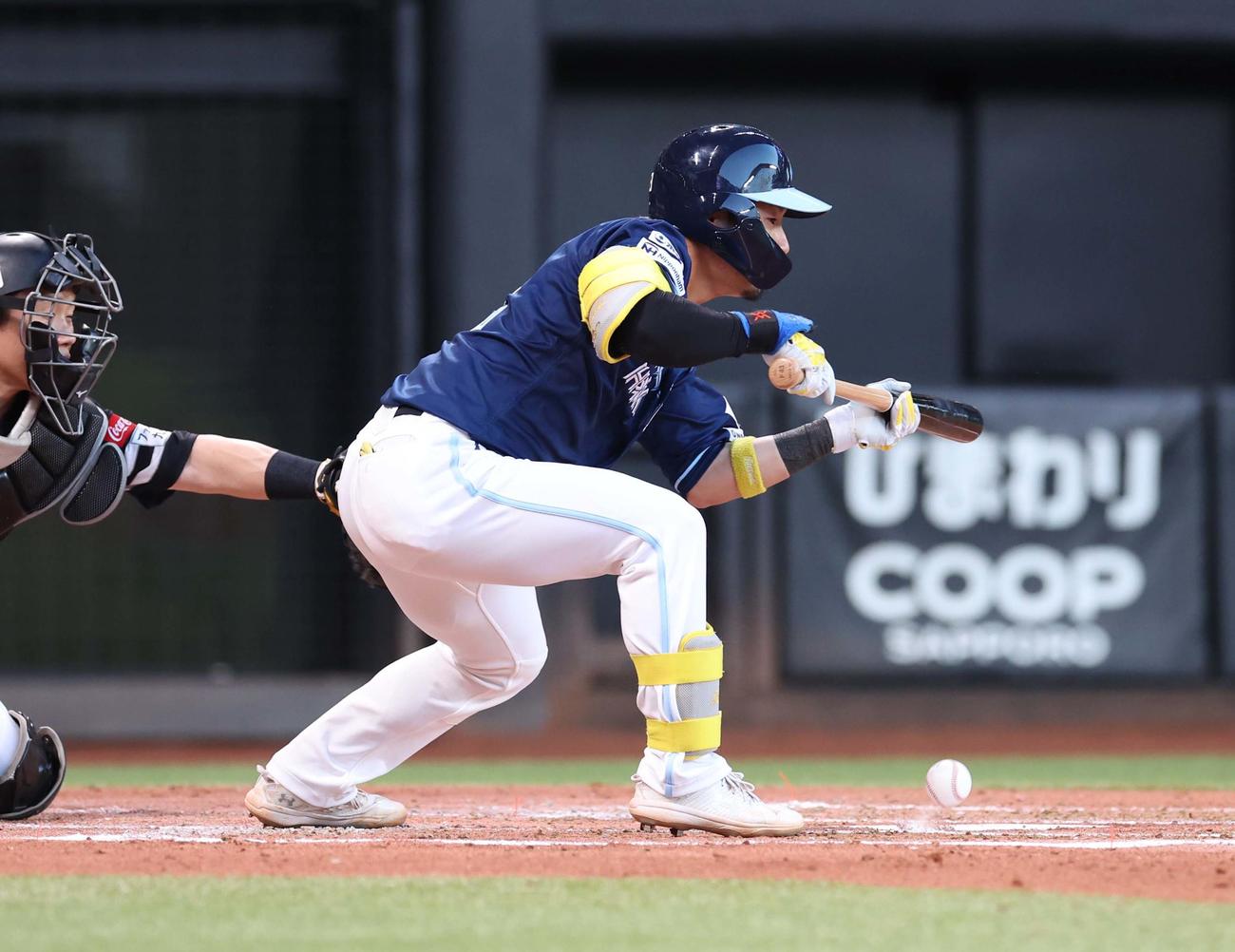 日本ハム対ソフトバンク　2回裏日本ハム1死一、三塁、スクイズを決める水野（撮影・黒川智章）