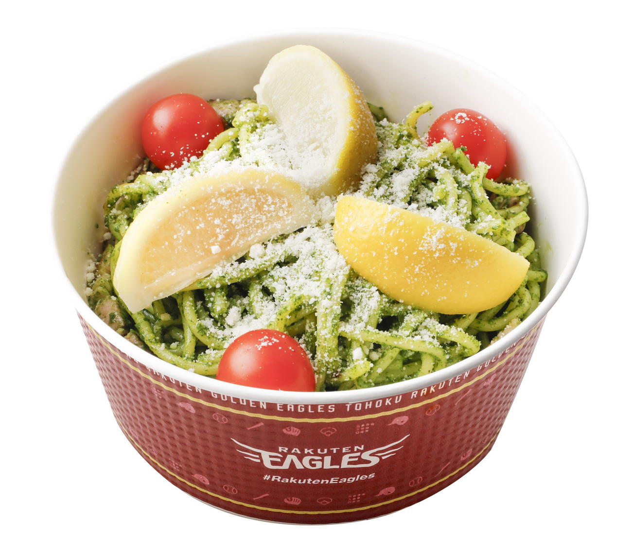 鮮やかグリーンなジェノベーゼパスタ　大葉香るさわやかジェノベーゼパスタ。パンチェッタ、トマト、レモンで彩り豊かな仕上がり。（球団提供）