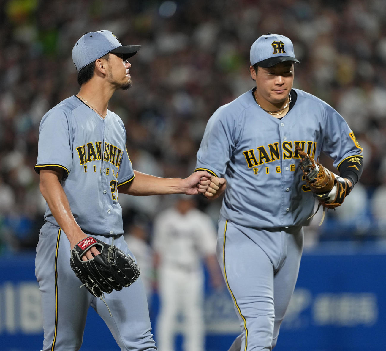 ヤクルト対阪神　4回も抑え阪神大山（右）とタッチを交わす伊藤将（撮影・清水貴仁）