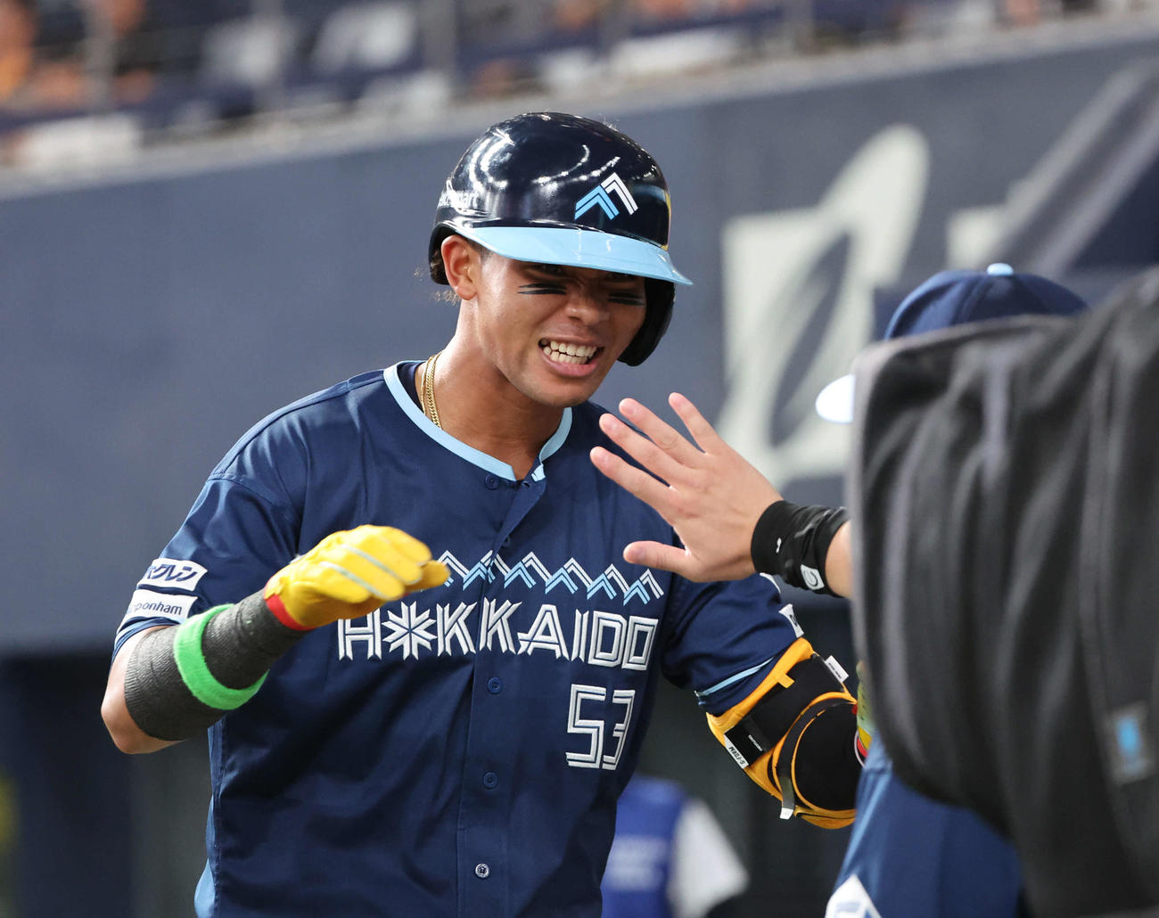 オリックス対日本ハム　3回表日本ハム1死二、三塁、水谷は遊ゴロに倒れたがその間に三走が生還し打点を挙げ祝福を受ける（撮影・西尾就之）