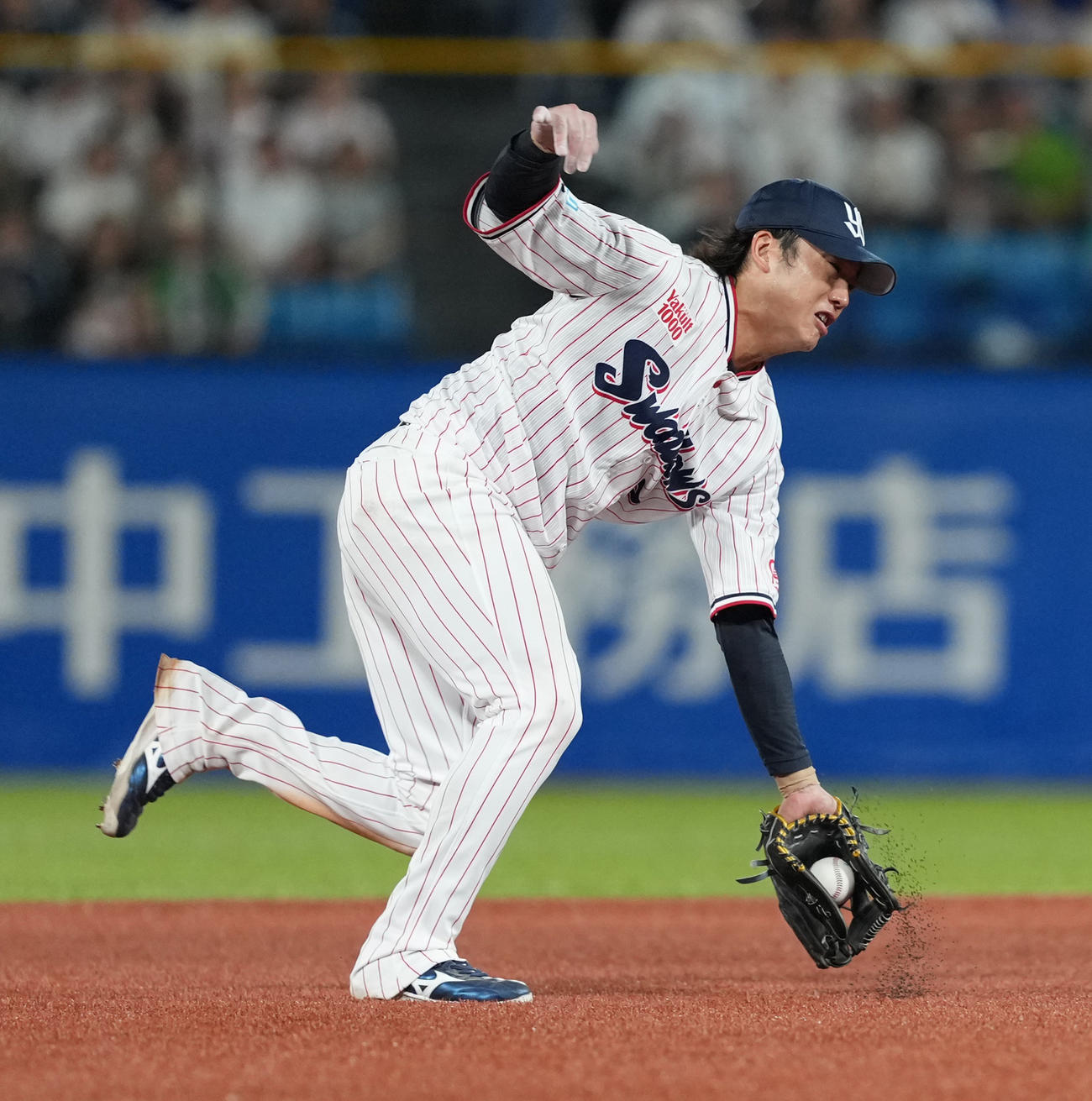 ヤクルト対阪神　8回表阪神1死一塁、大山の打球を遊撃手長岡が処理し併殺に仕留める（撮影・清水貴仁）