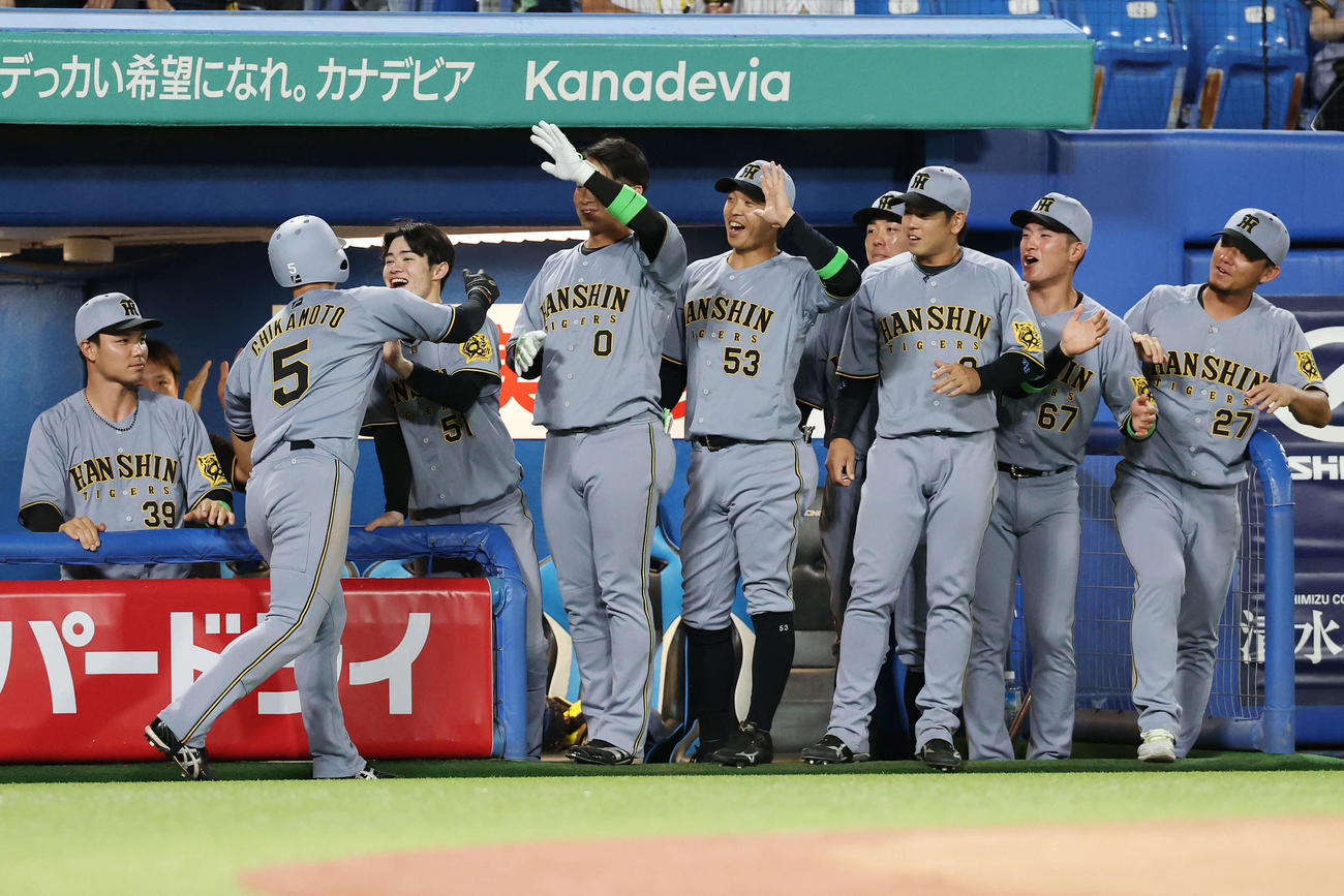 ヤクルト対阪神　10回表阪神2死二塁、佐藤輝の右適時二塁打で生還した近本（左から2人目）を迎えるチームメートたち（撮影・宮地輝）