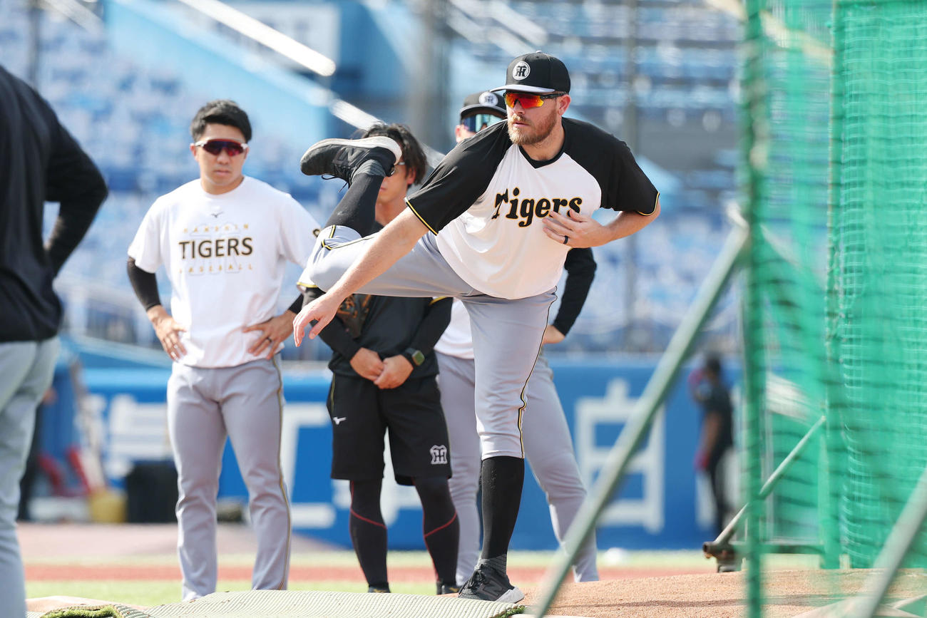 ヤクルト対阪神　試合前、マウンドを確認する阪神ビーズリー（撮影・宮地輝）