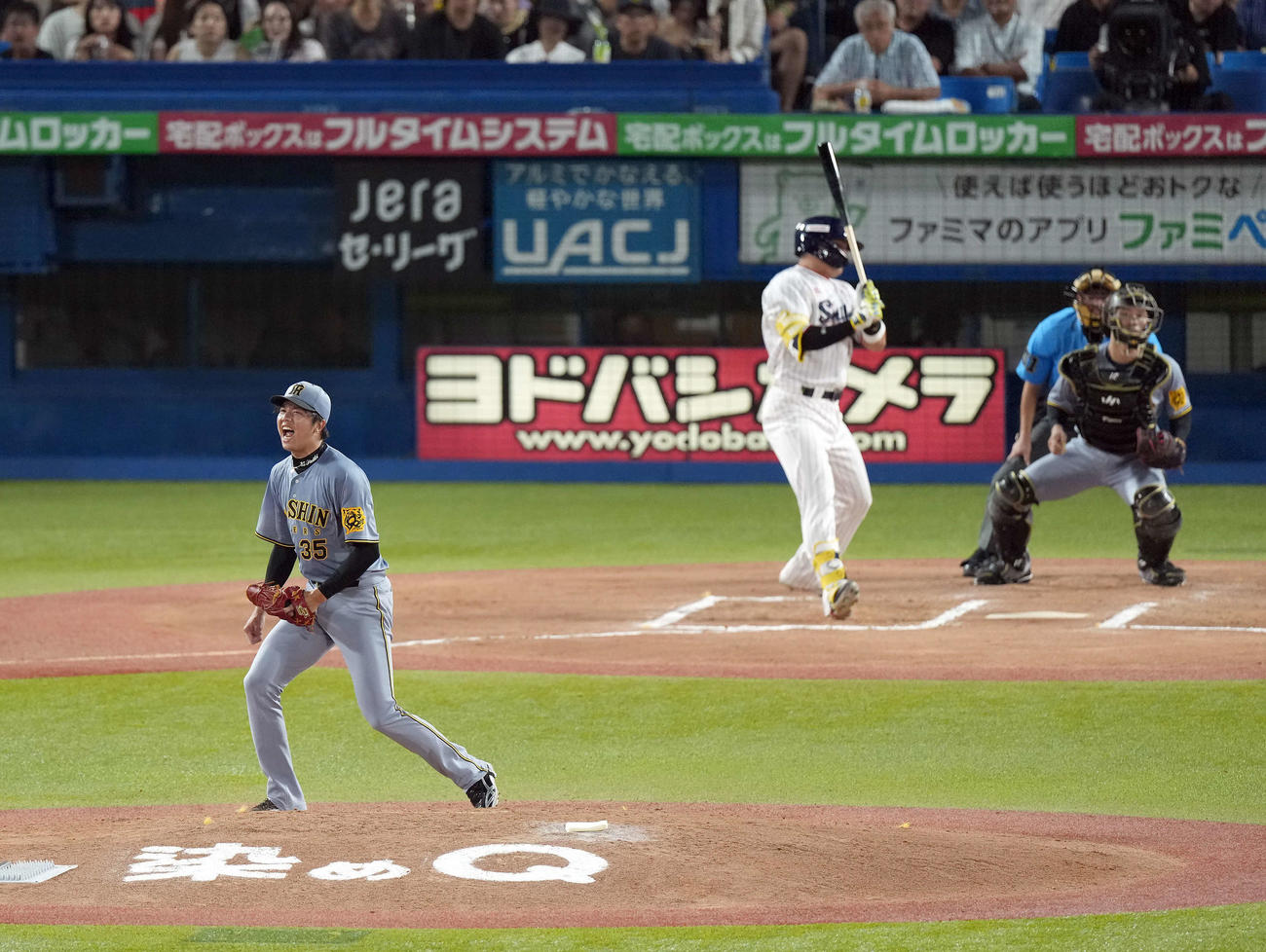 ヤクルト対阪神　6回裏ヤクルト2死三塁、村上を空振り三振に仕留めほえる才木（撮影・たえ見朱実）