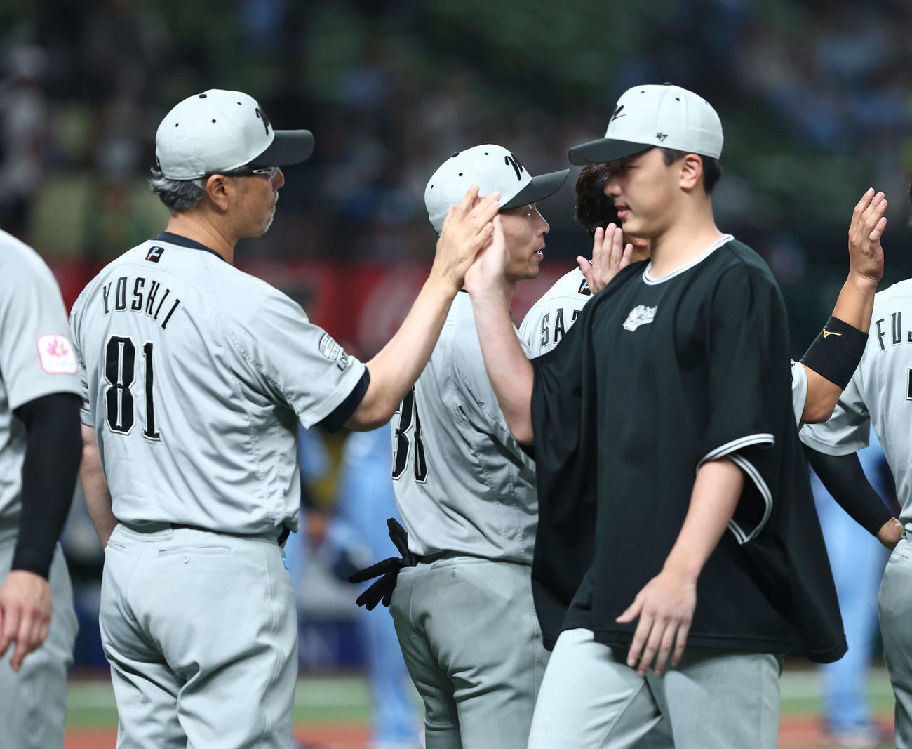 西武対ロッテ　西武に勝利し、田中晴（右）らナインを迎える吉井監督（撮影・河田真司）