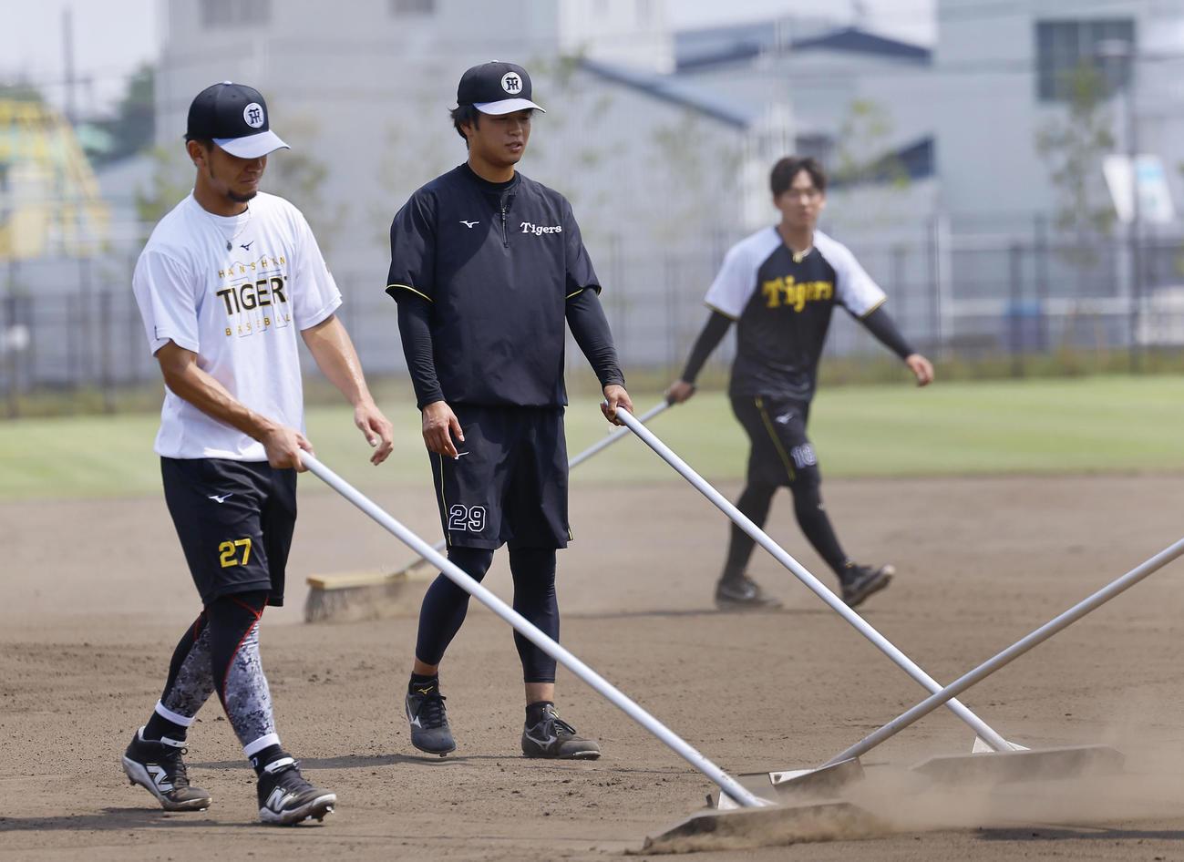 ノックを終え整備をする阪神高橋（中央）。左は伊藤将。右は伊原（撮影・藤尾明華）