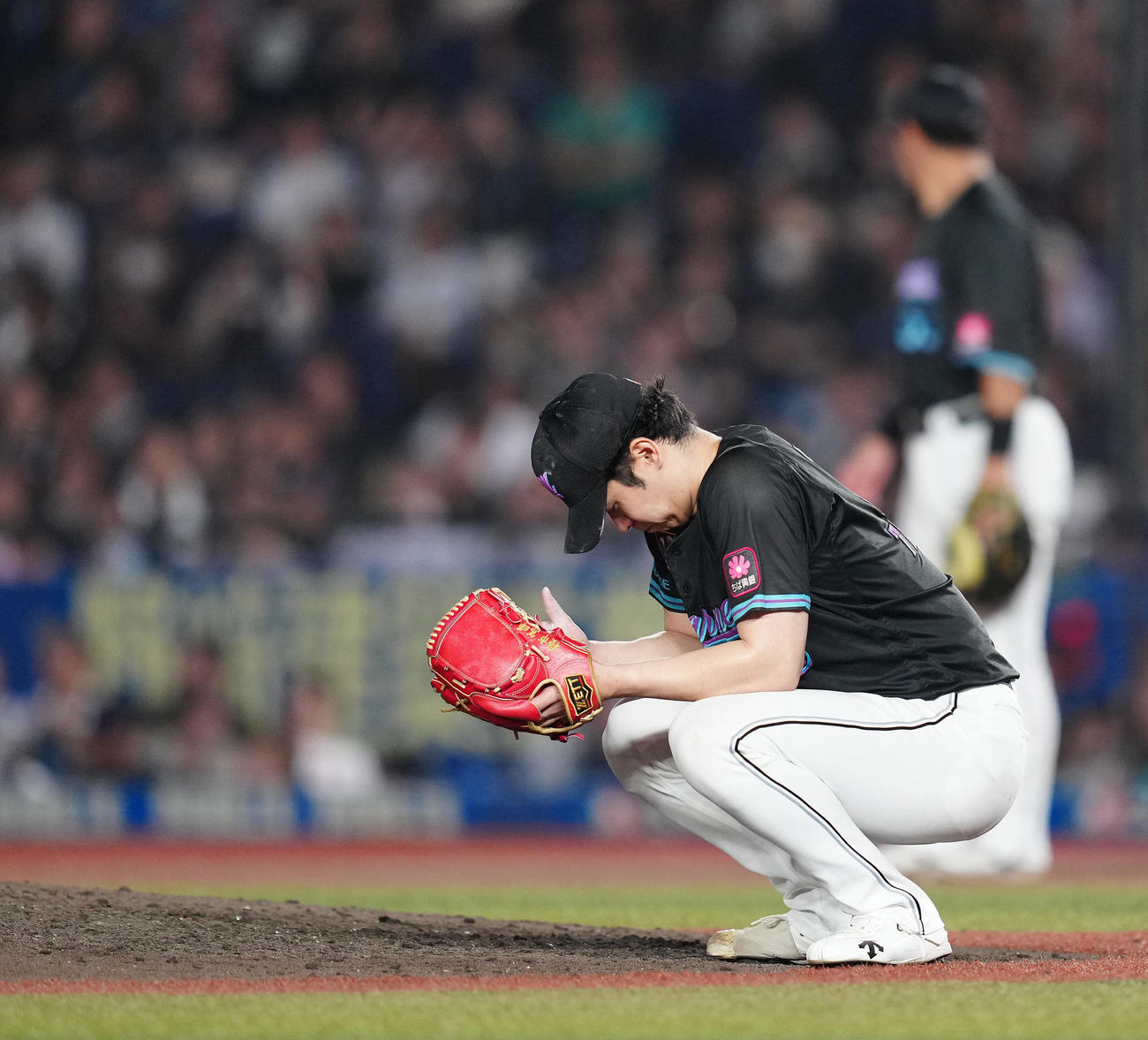 ロッテ対ソフトバンク　8回表ソフトバンク無死一塁、近藤に左越え2点本塁打を浴び、しゃがみこむ種市（撮影・鈴木みどり）