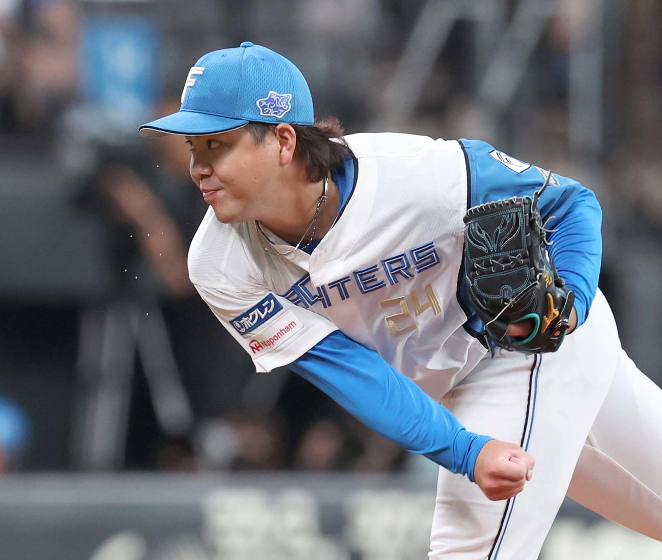 日本ハム対西武　8回表、汗を飛ばし投球する金村（撮影・黒川智章）